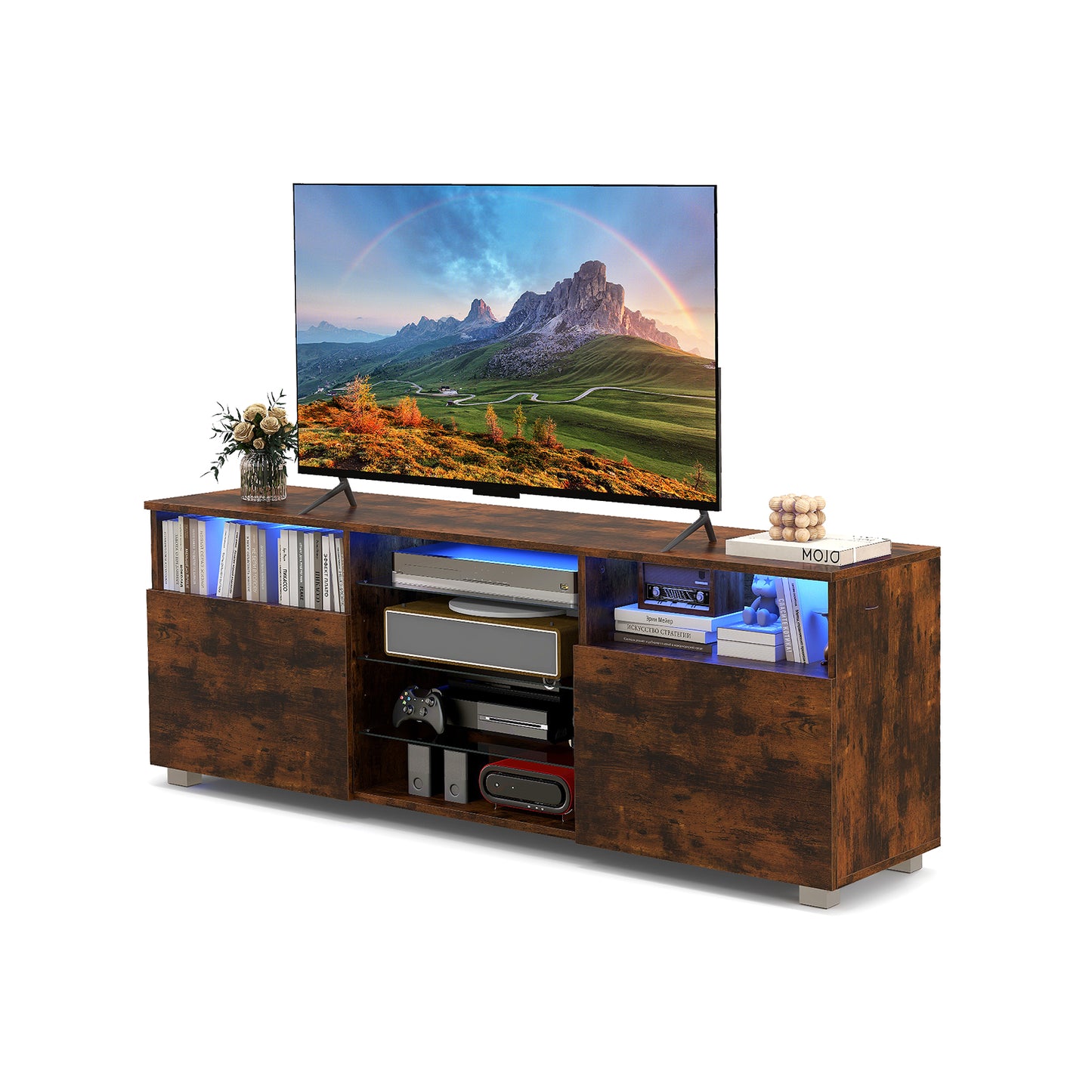 Console TV Stand for TVs up to 65 Inches with LED Lights and 2 Doors-Black