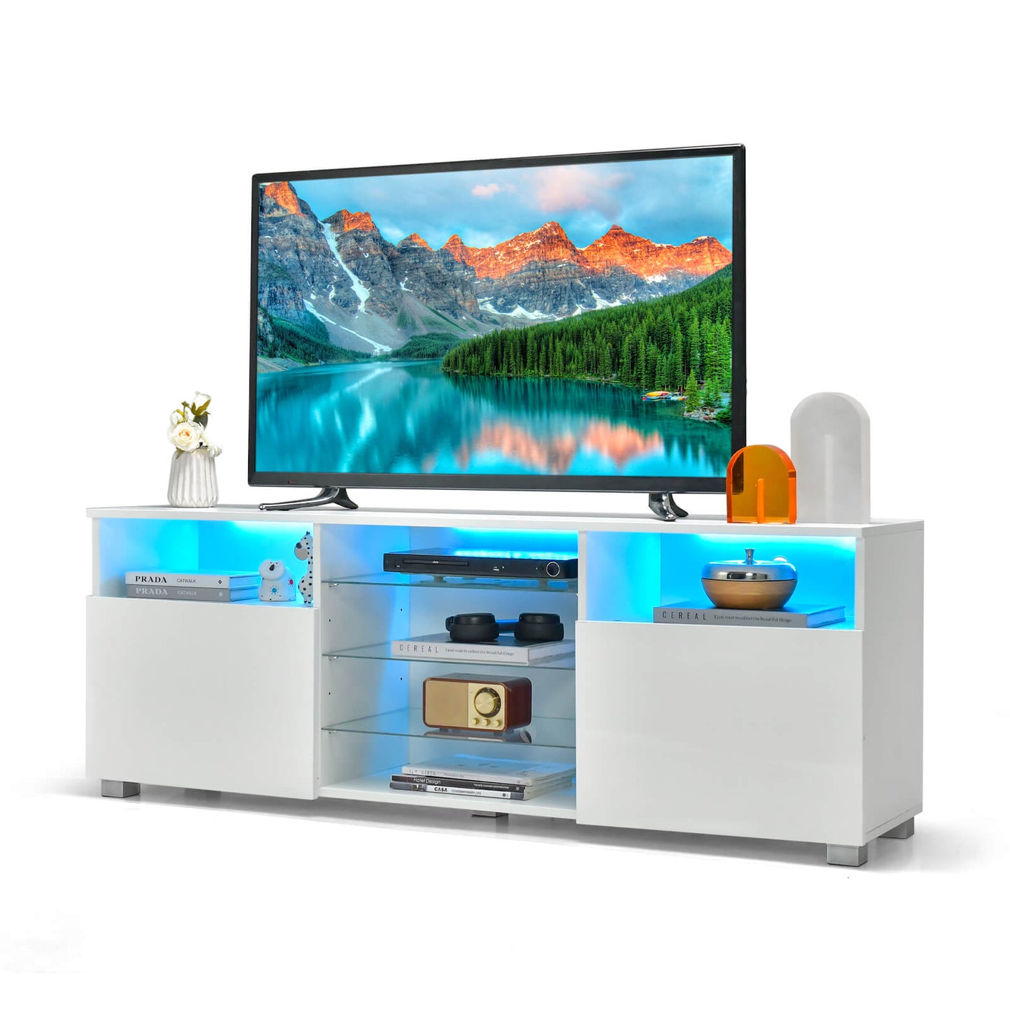 Console TV Stand for TVs up to 65 Inches with LED Lights and 2 Doors-Black