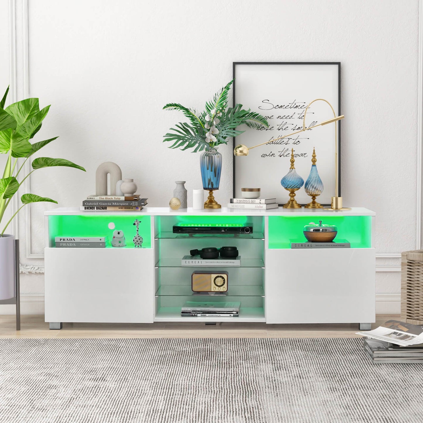 Console TV Stand for TVs up to 65 Inches with LED Lights and 2 Doors-Black