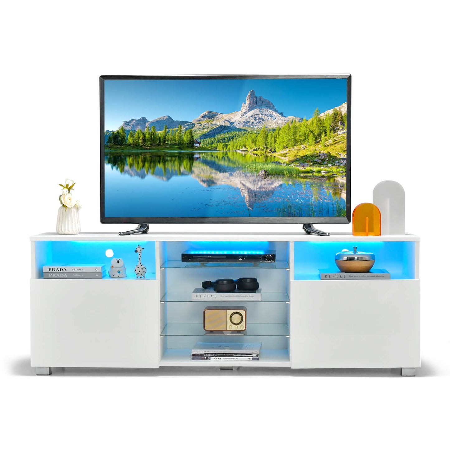 Console TV Stand for TVs up to 65 Inches with LED Lights and 2 Doors-Black
