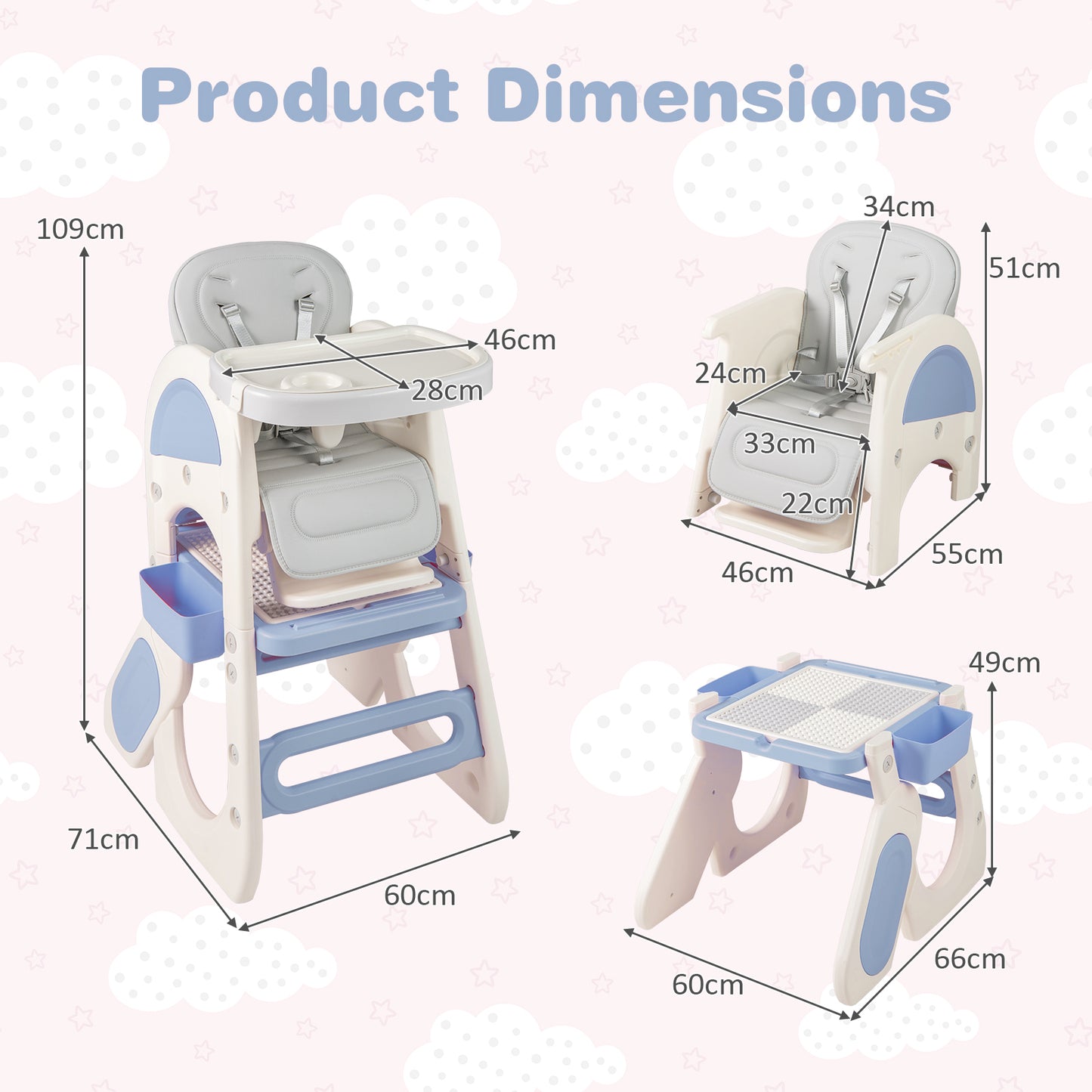 Convertible Baby High Chair with Double-layer Tray and Adjustable Backrest-Blue