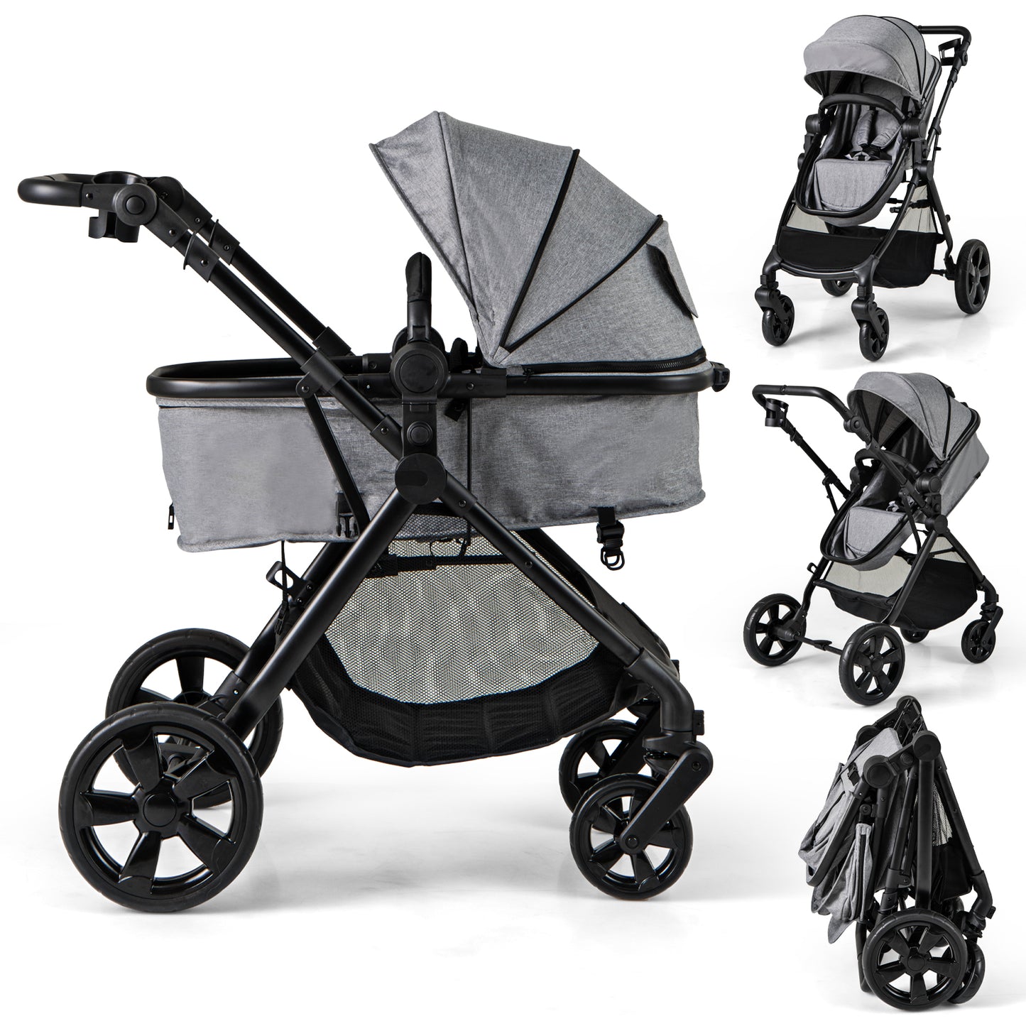 2-in-1 Convertible Baby Stroller with Reversible Seat and Adjustable Canopy-Beige