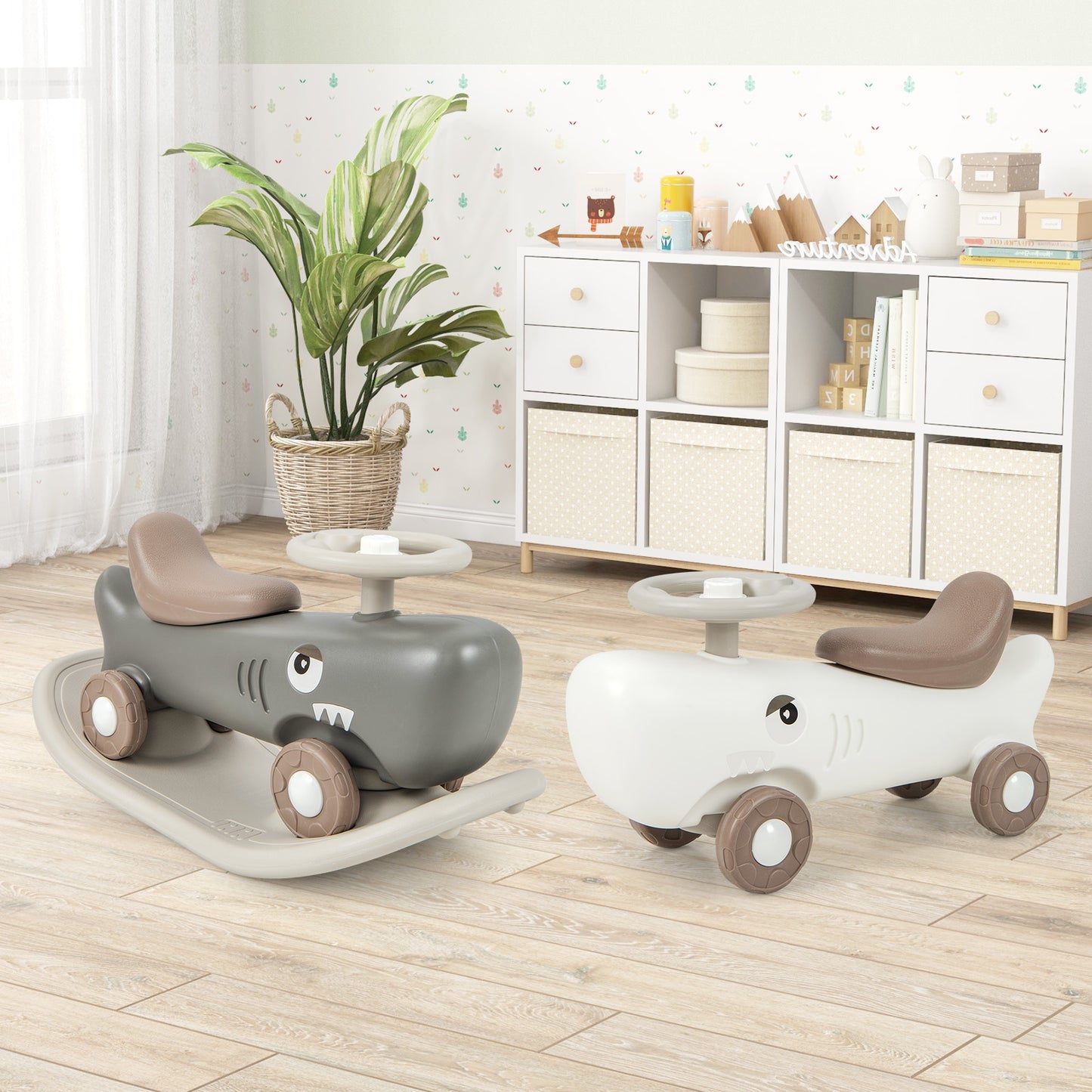 Kids 3-in-1 Convertible Rocking Horse and Sliding Car for Indoor Outdoor Use-Grey