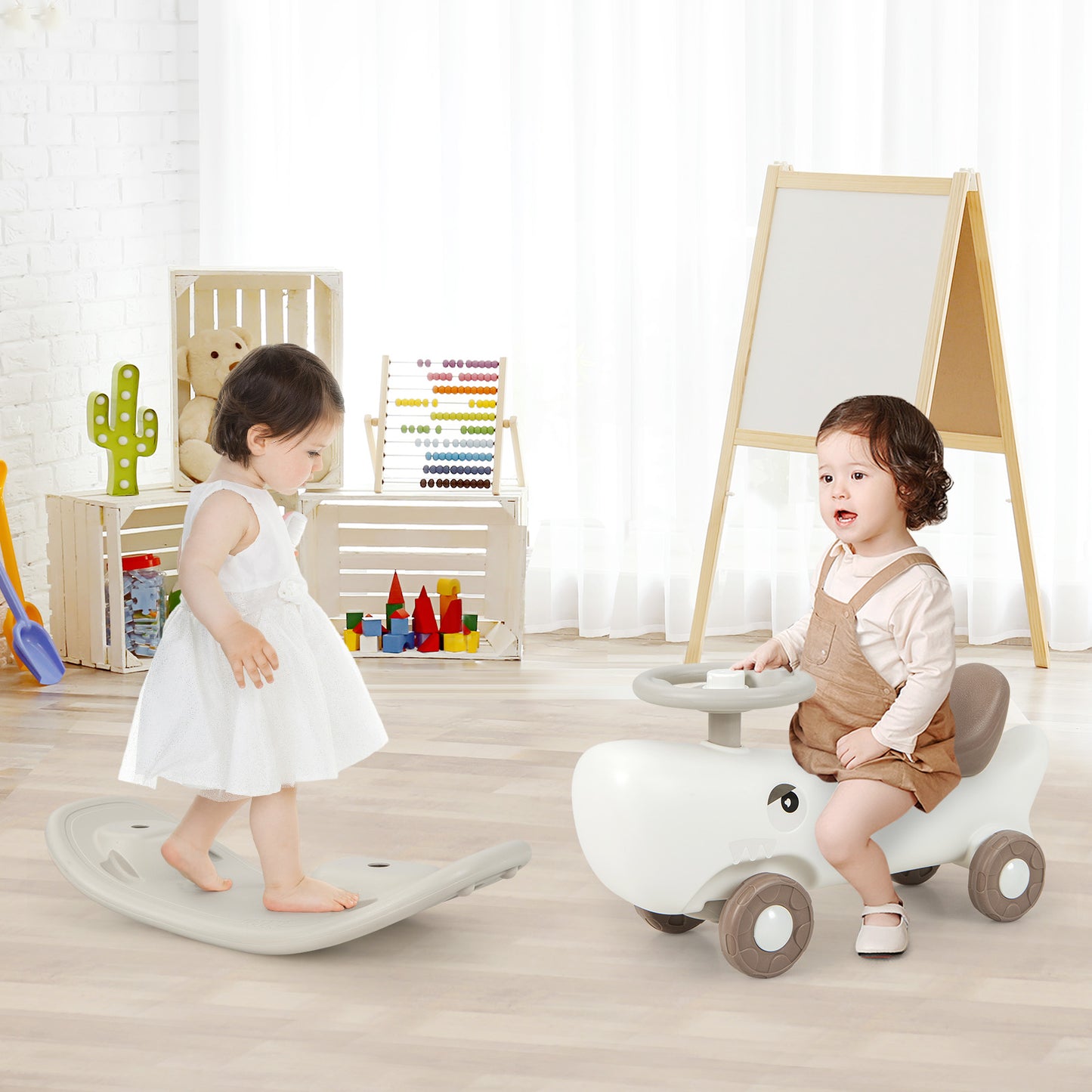 Kids 3-in-1 Convertible Rocking Horse and Sliding Car for Indoor Outdoor Use-Grey