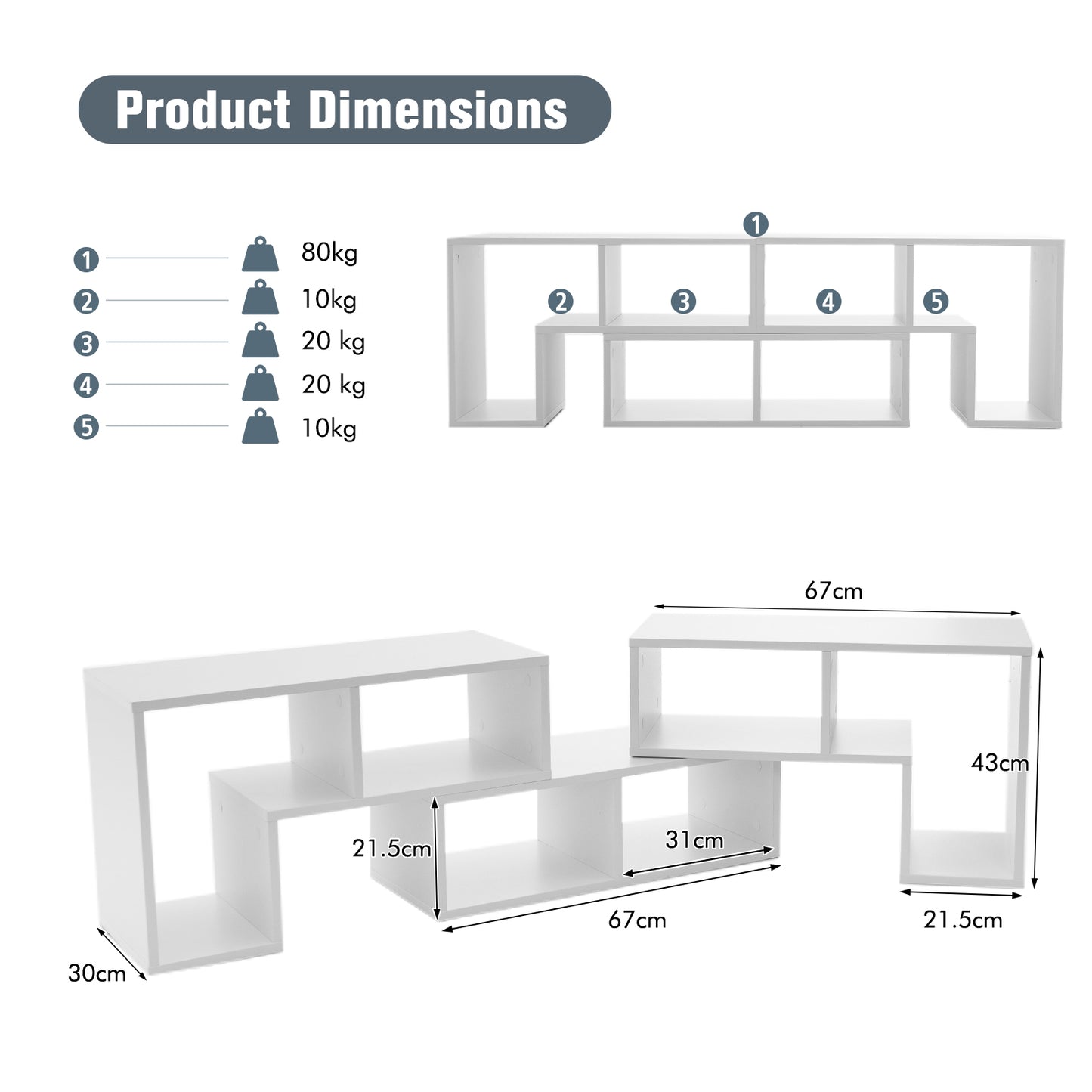 3 Pieces Convertible TV Stand for TVs up to 65 Inches-Black