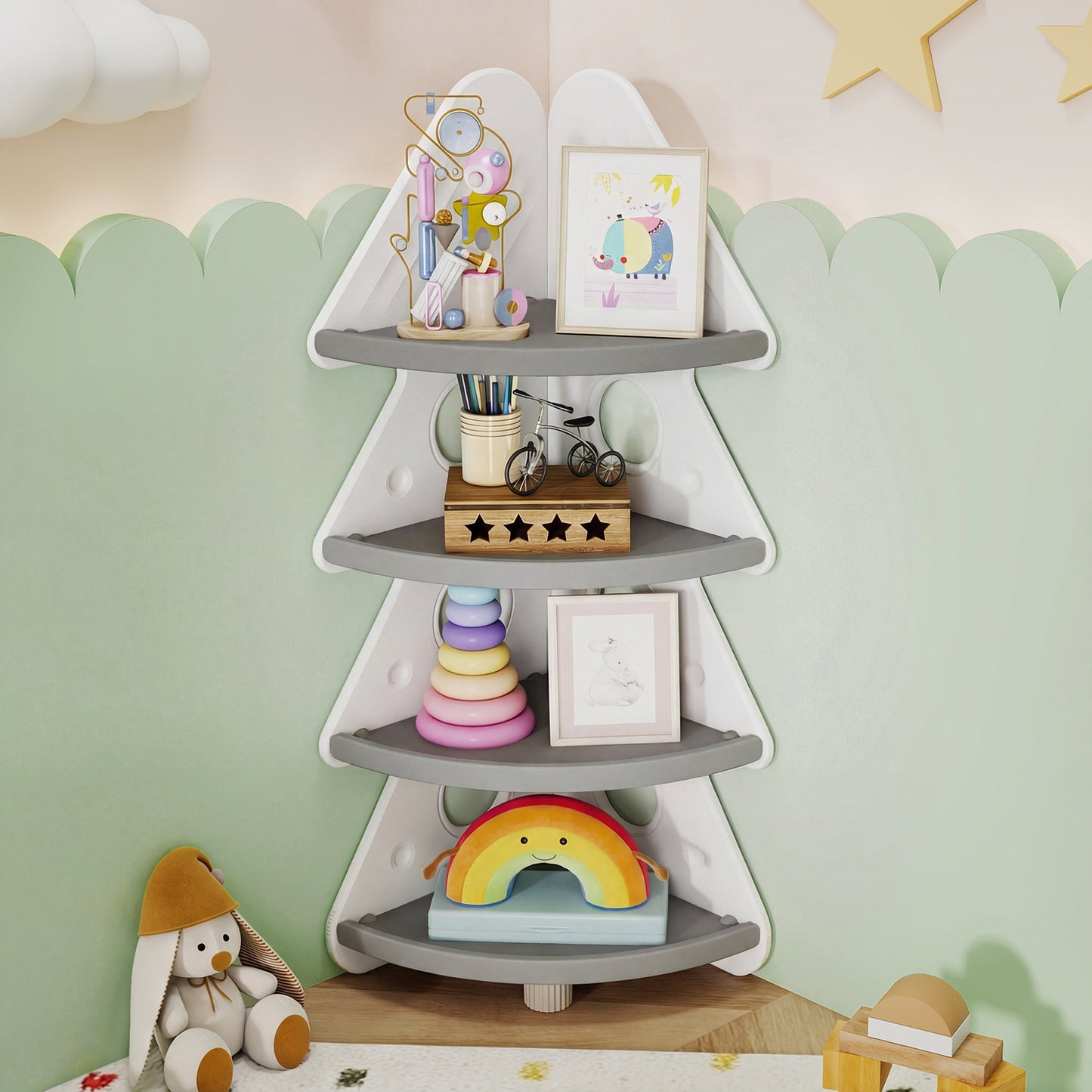 4-Tier Kids Corner Bookshelf for Kids Room and Nursery Playroom-Green