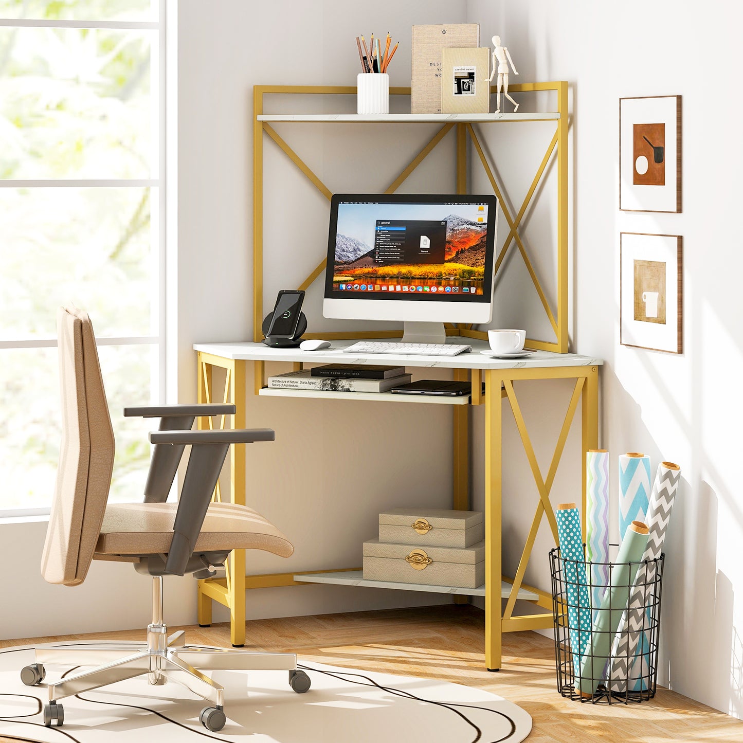 Corner Computer Desk with Hutch Storage Shelves and Keyboard Tray-Rustic Brown