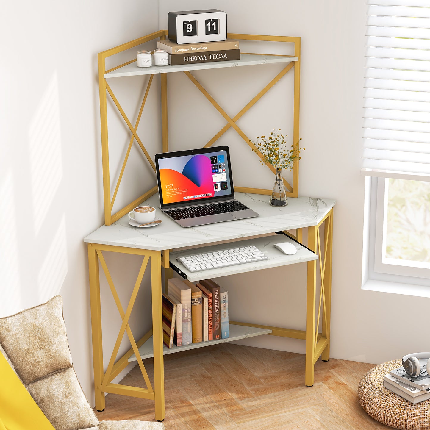 Corner Computer Desk with Hutch Storage Shelves and Keyboard Tray-Rustic Brown