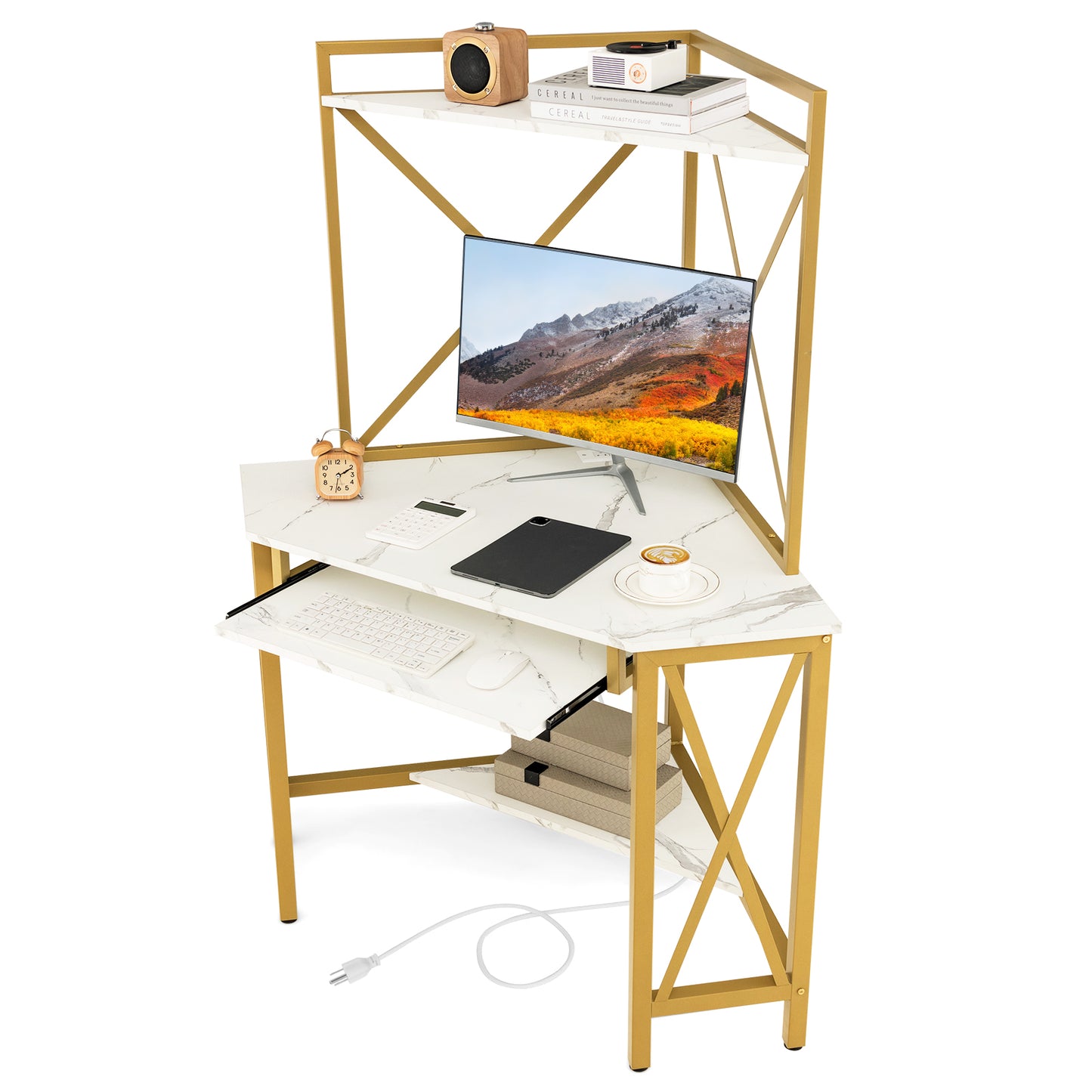 Corner Computer Desk with Hutch Storage Shelves and Keyboard Tray-Rustic Brown