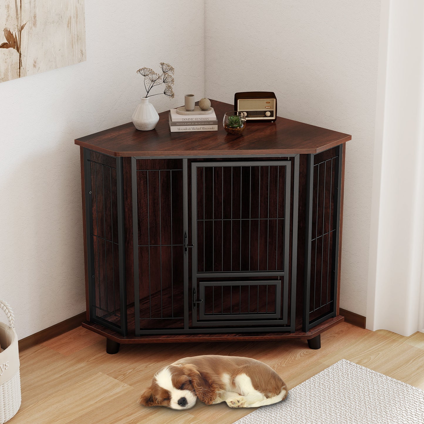 Corner Dog Crate Metal Frame Dog Cage with Feeding Door and Lockable Door