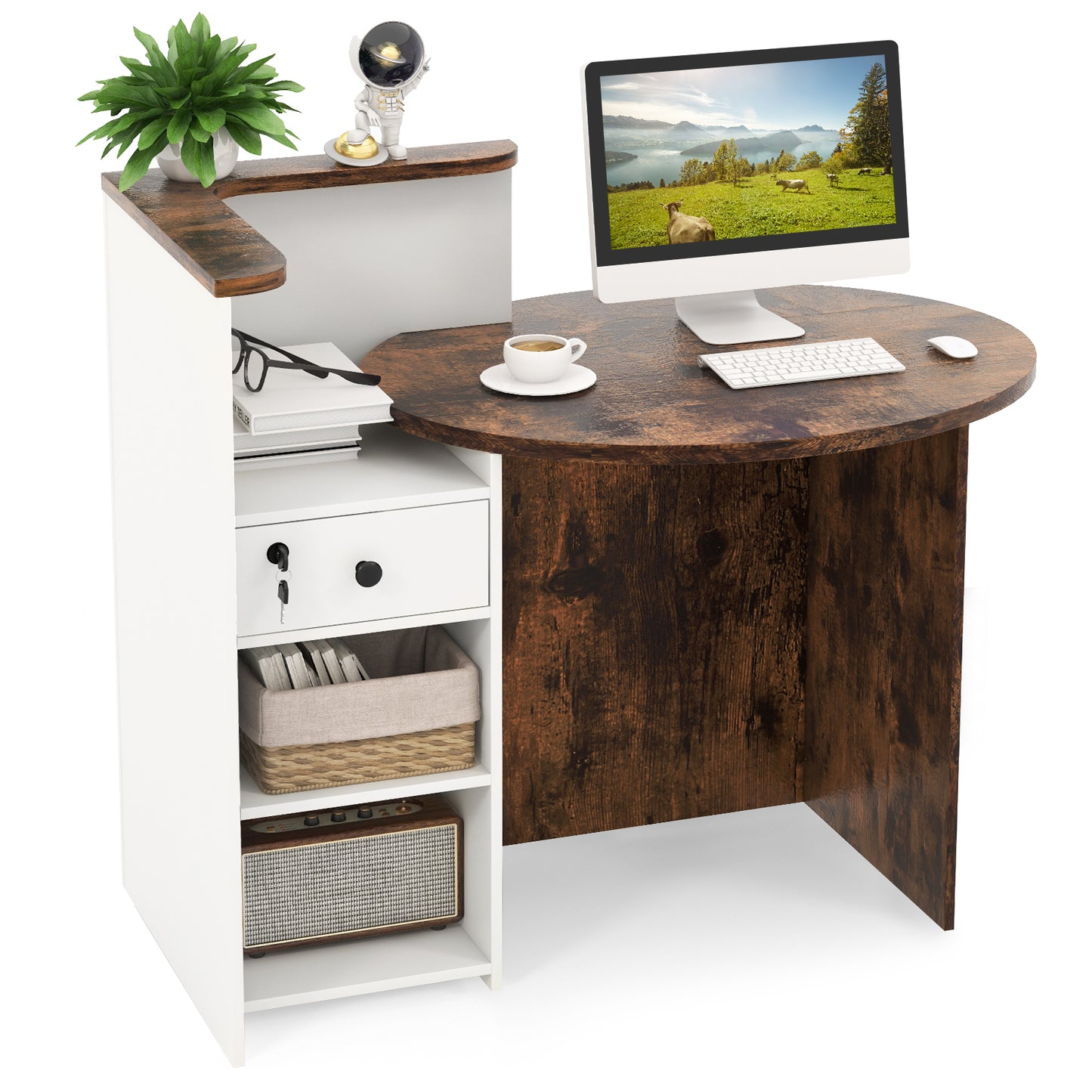 Corner Front Reception Counter Desk with Lockable Drawer-Black