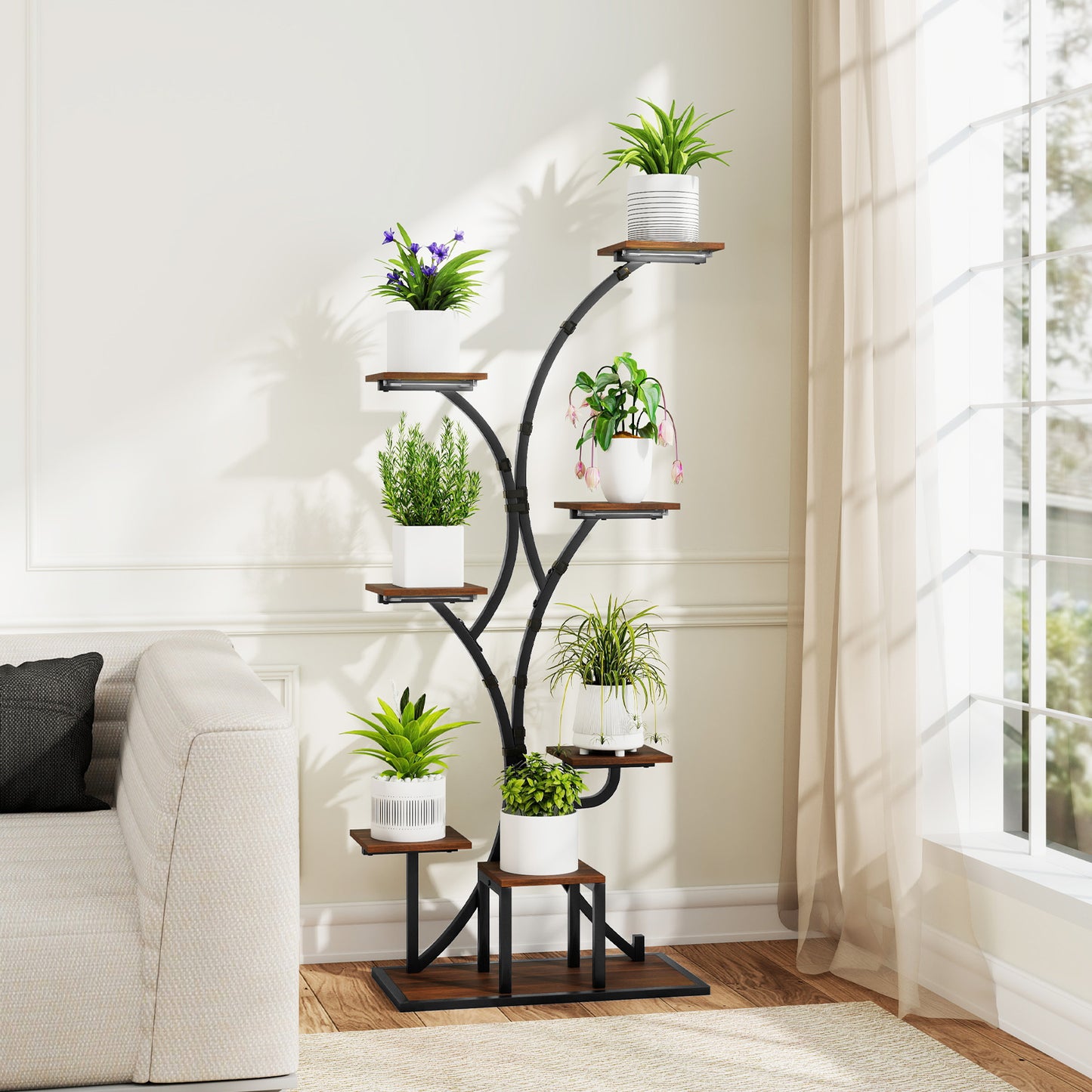 146CM Tall 8-Tier Corner Metal Plant Shelf for Multiple Plants-Rustic Brown