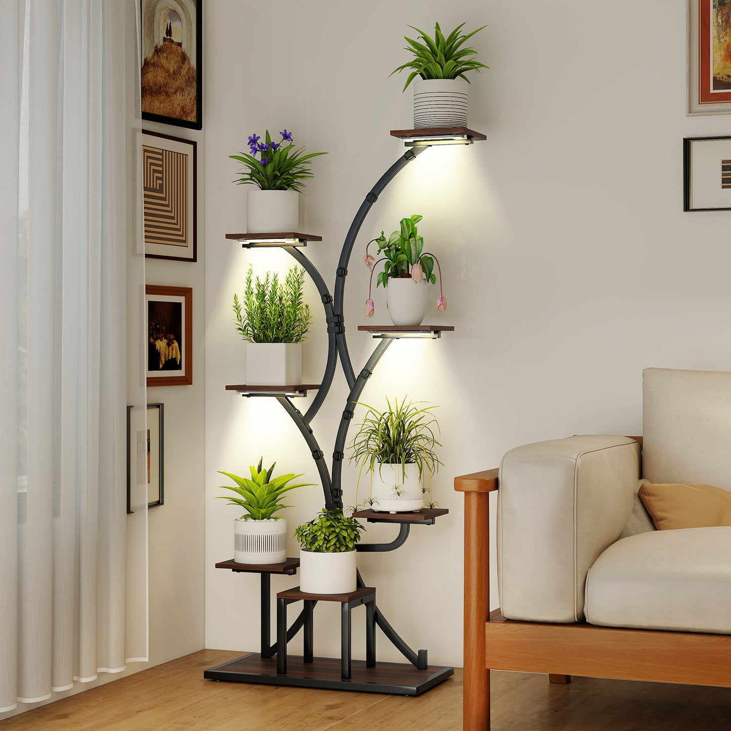 146CM Tall 8-Tier Corner Metal Plant Shelf for Multiple Plants-Rustic Brown