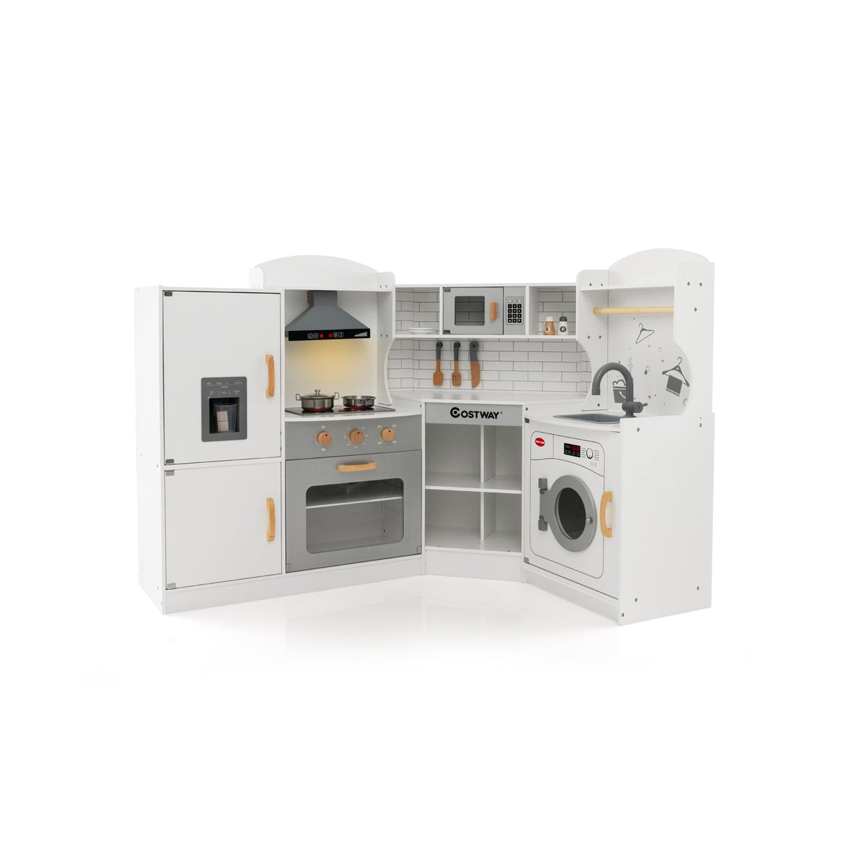 Wooden Corner Play Kitchen with Sounds and Lights for Kids