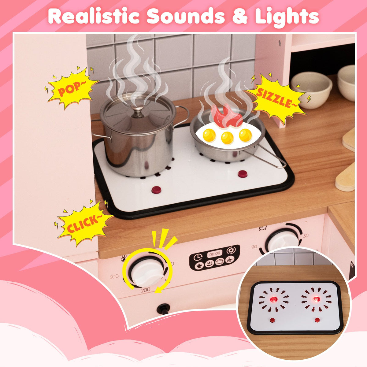 Wooden Corner Play Kitchen with Pine Wood Legs and Lights & Sounds-White