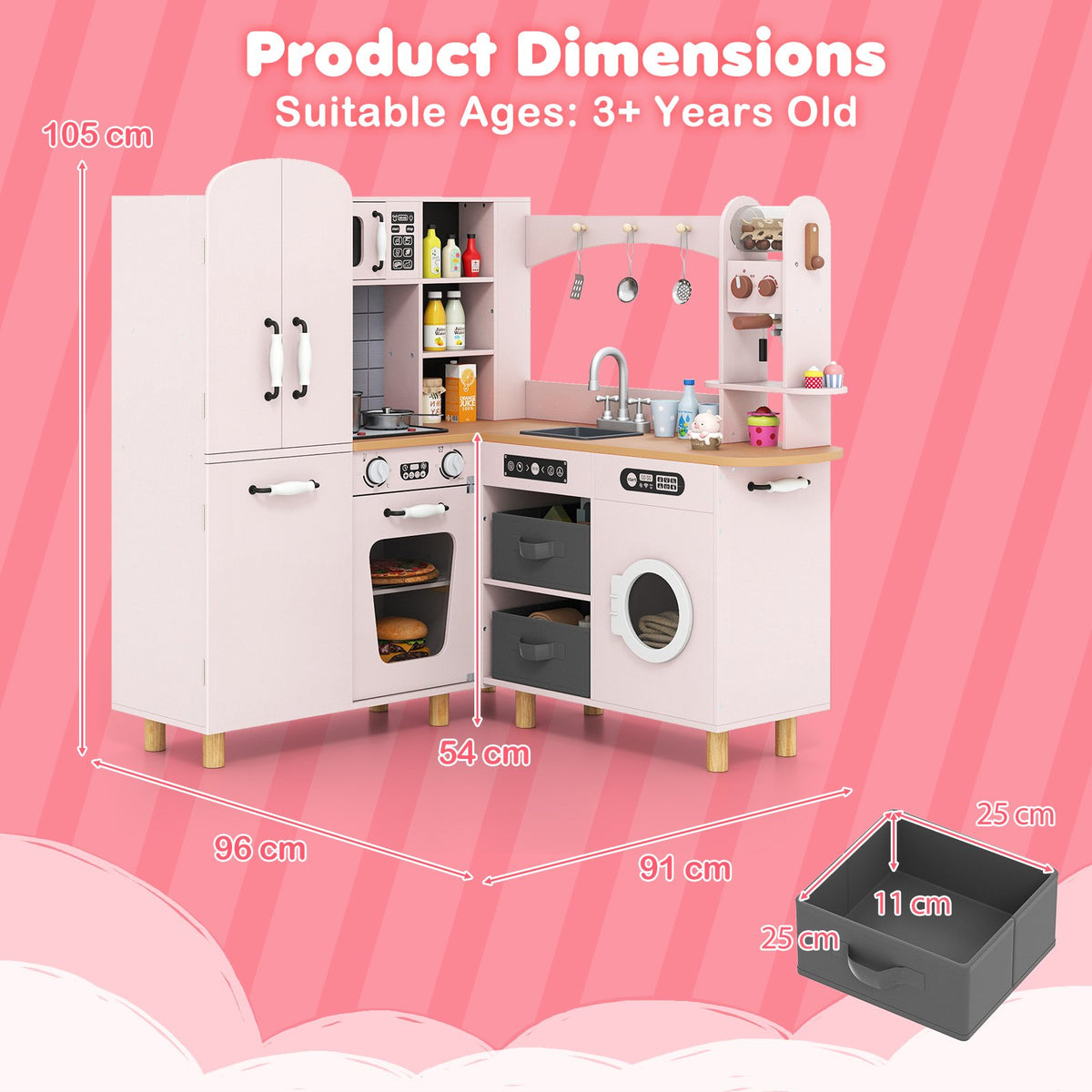 Wooden Corner Play Kitchen with Pine Wood Legs and Lights & Sounds-White
