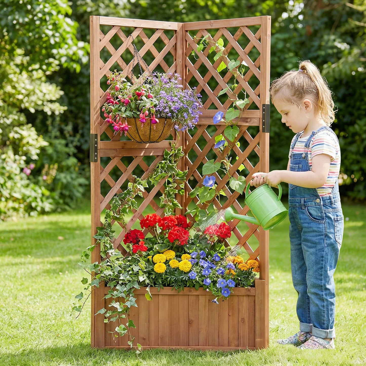 Corner Raised Garden Bed with Lattice Trellises Drainage Holes-Natural