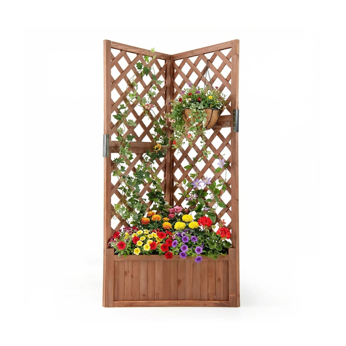 Corner Raised Garden Bed with Lattice Trellises Drainage Holes-Natural