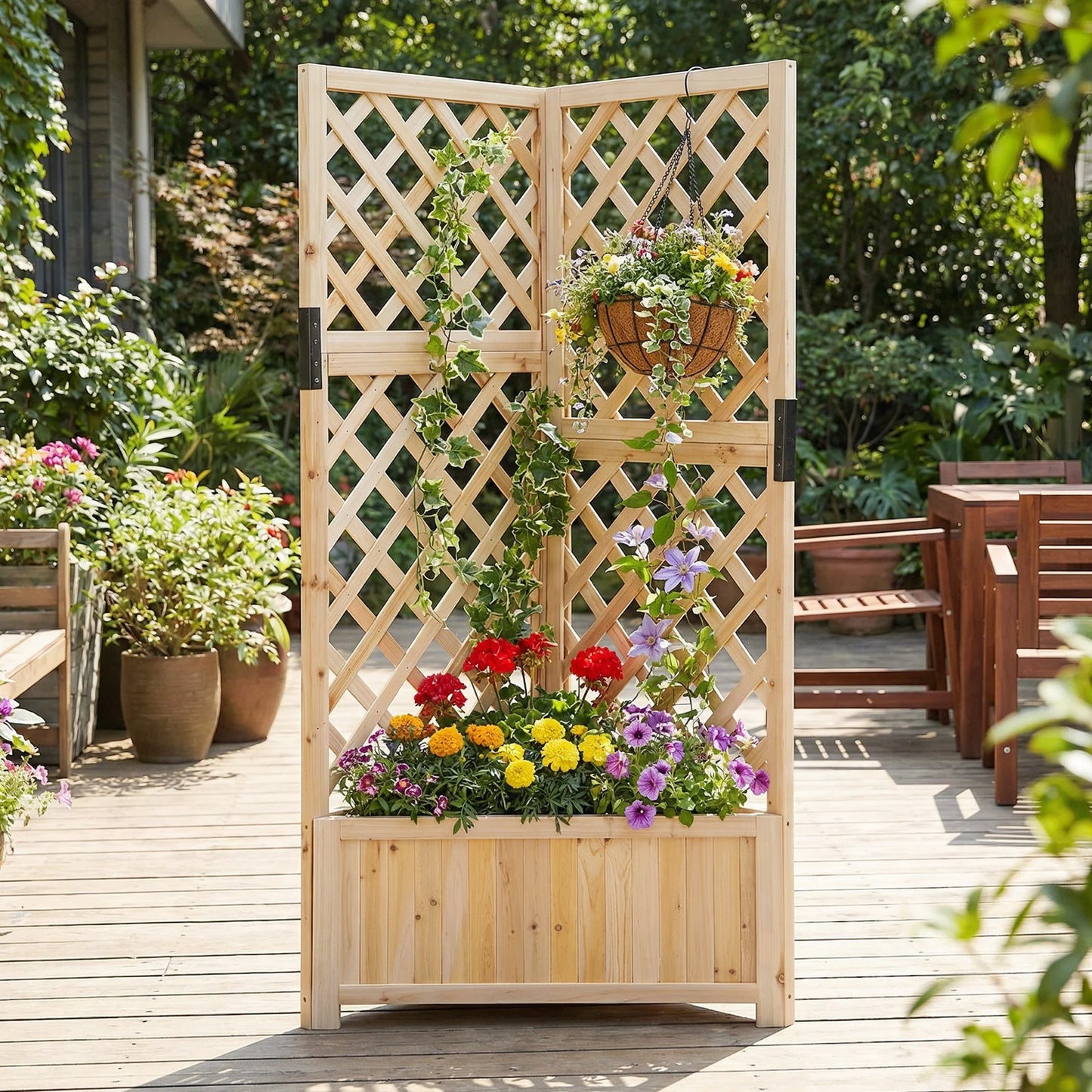 Corner Raised Garden Bed with Lattice Trellises Drainage Holes-Natural