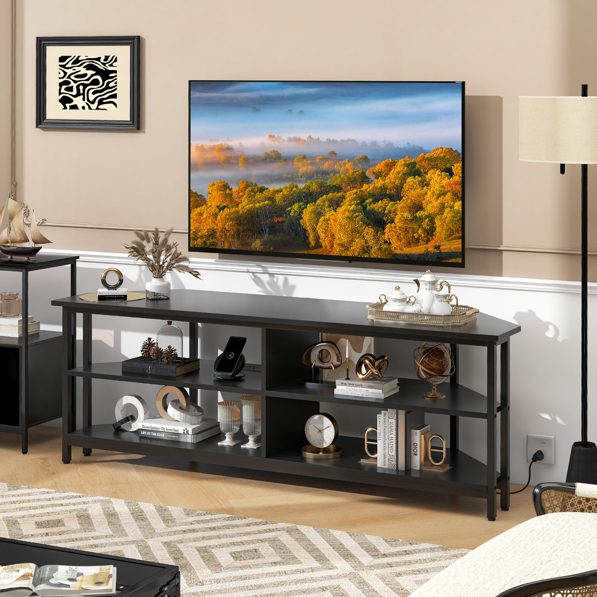 Corner TV Stand with AC Outlets and Storage Shelves-Black