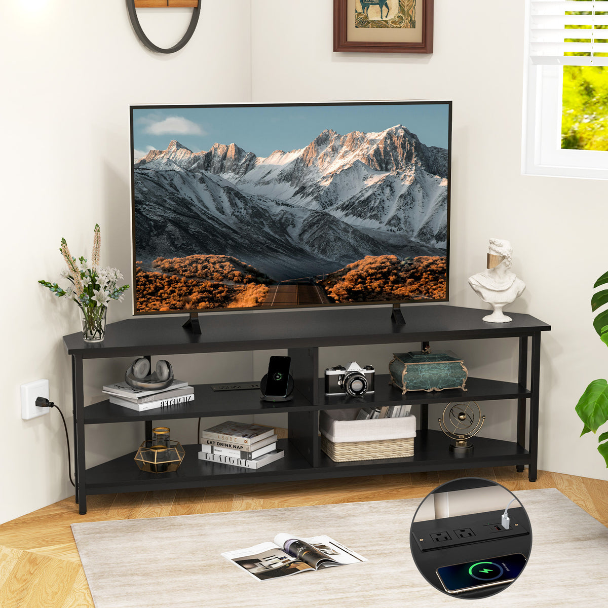 Corner TV Stand with AC Outlets and Storage Shelves-Black