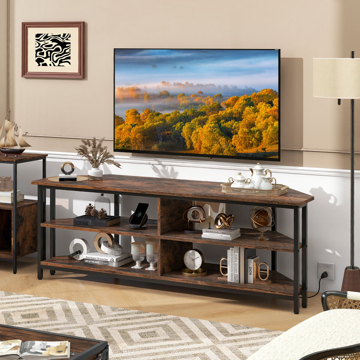 Corner TV Stand with AC Outlets and Storage Shelves-Black