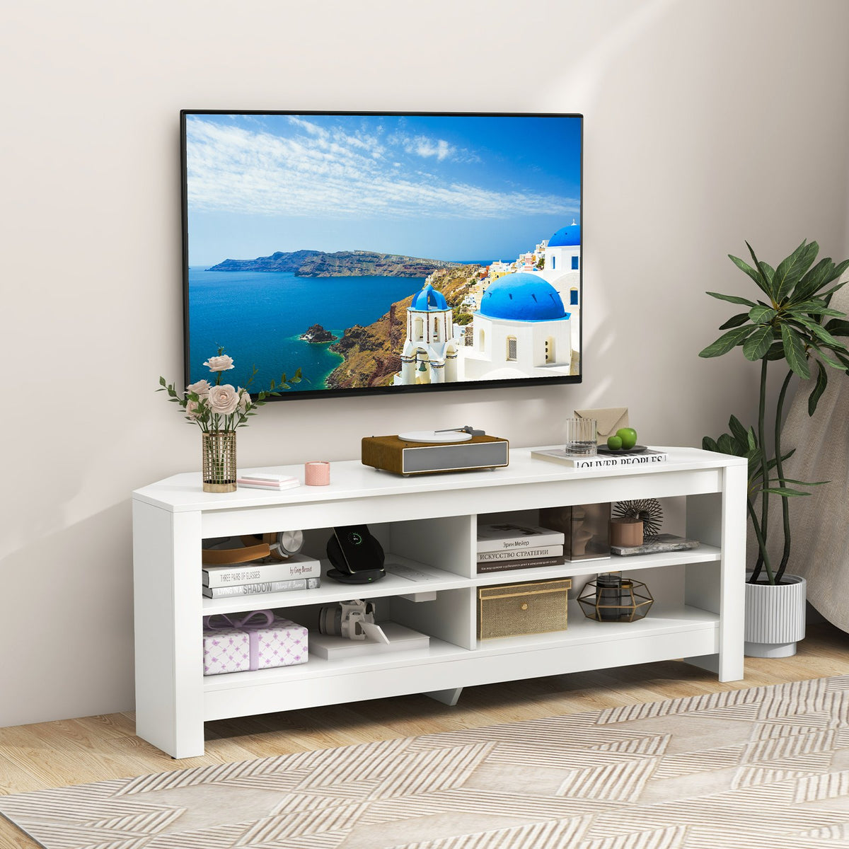 Corner TV Stand with Power Outlet and 4 Open Storage Shelves-Black