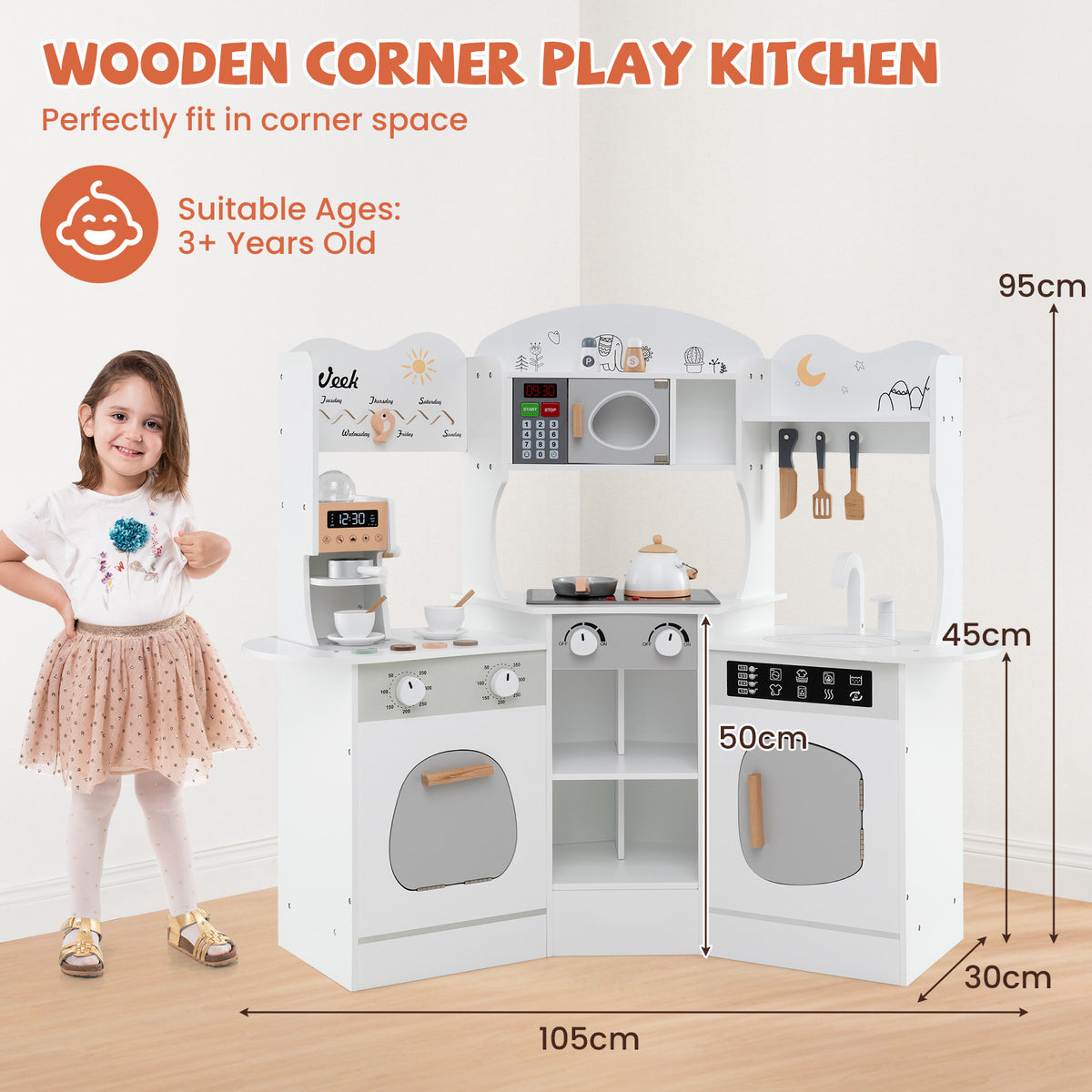 Kids Corner Wooden Play Kitchen with Coffee Machine Slide Microwave-Brown