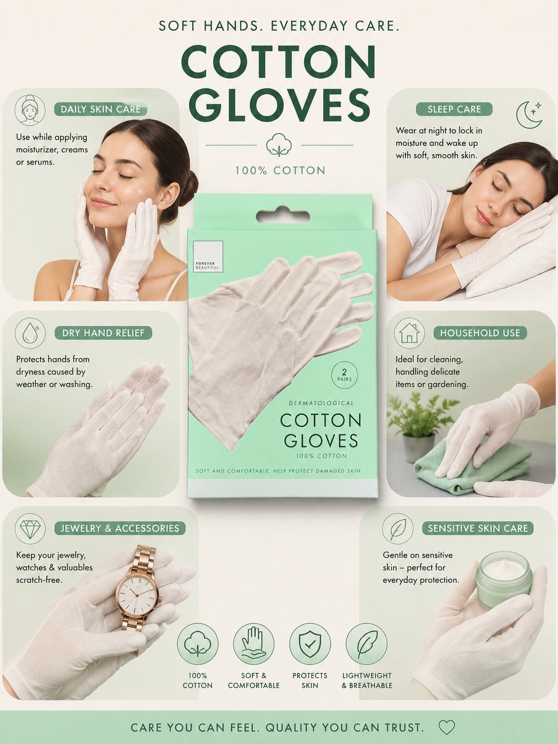 100% Cotton Moisturizing Gloves – Soft Overnight Hand Care Gloves (2 Pairs)