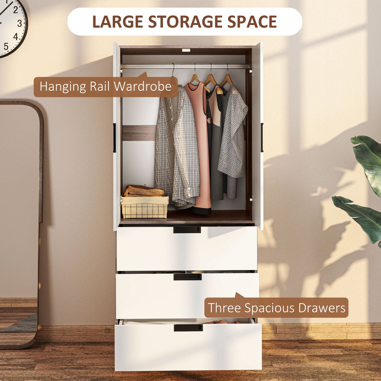 HOMCOM 2 Door Wardrobe Brown Wardrobe with 3 Drawer and Hanging Rod Brown