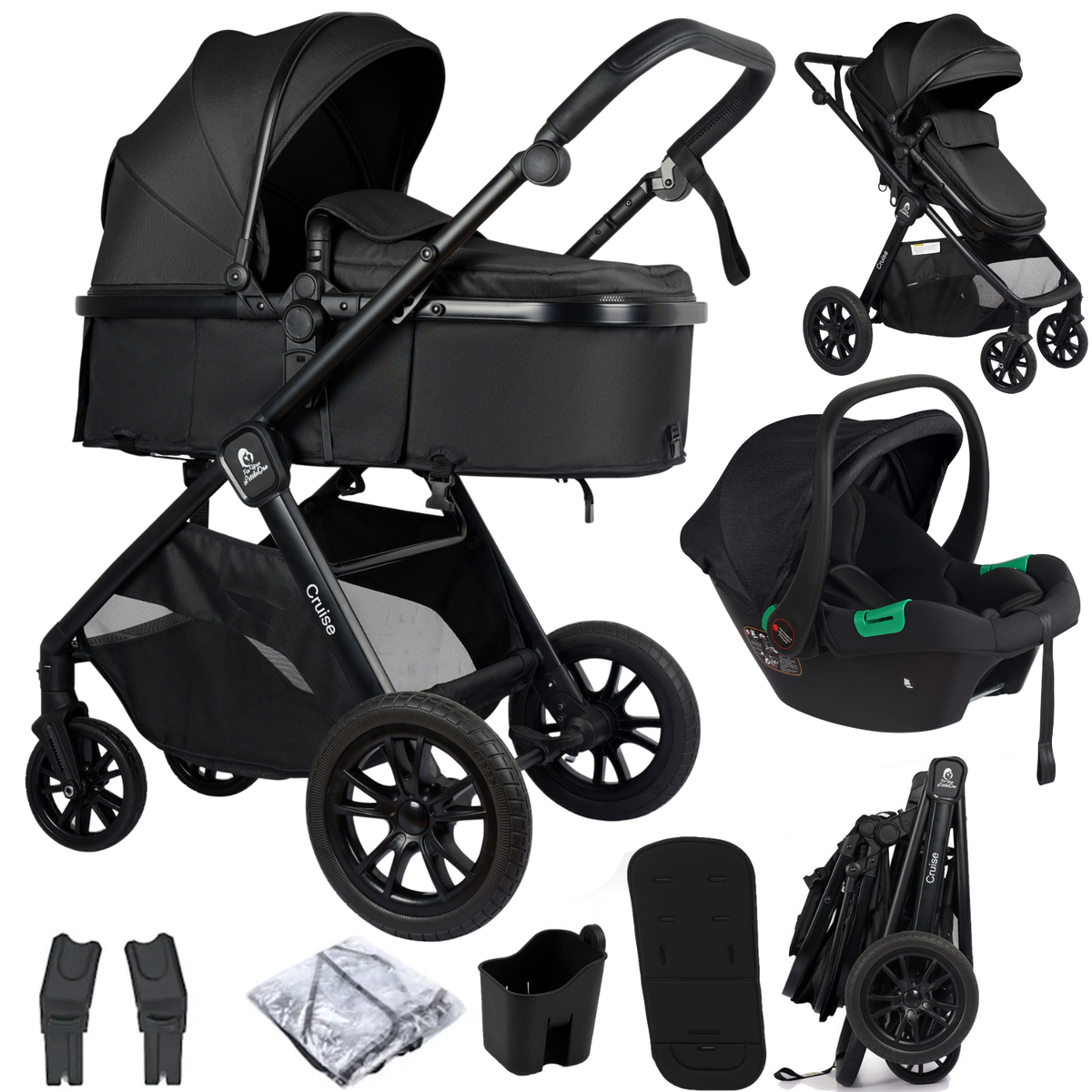For Your Little One Cruise 3 In 1 Travel System With Car Seat - Eclipse Black (Free Cupholder / Seat Liner Included!)