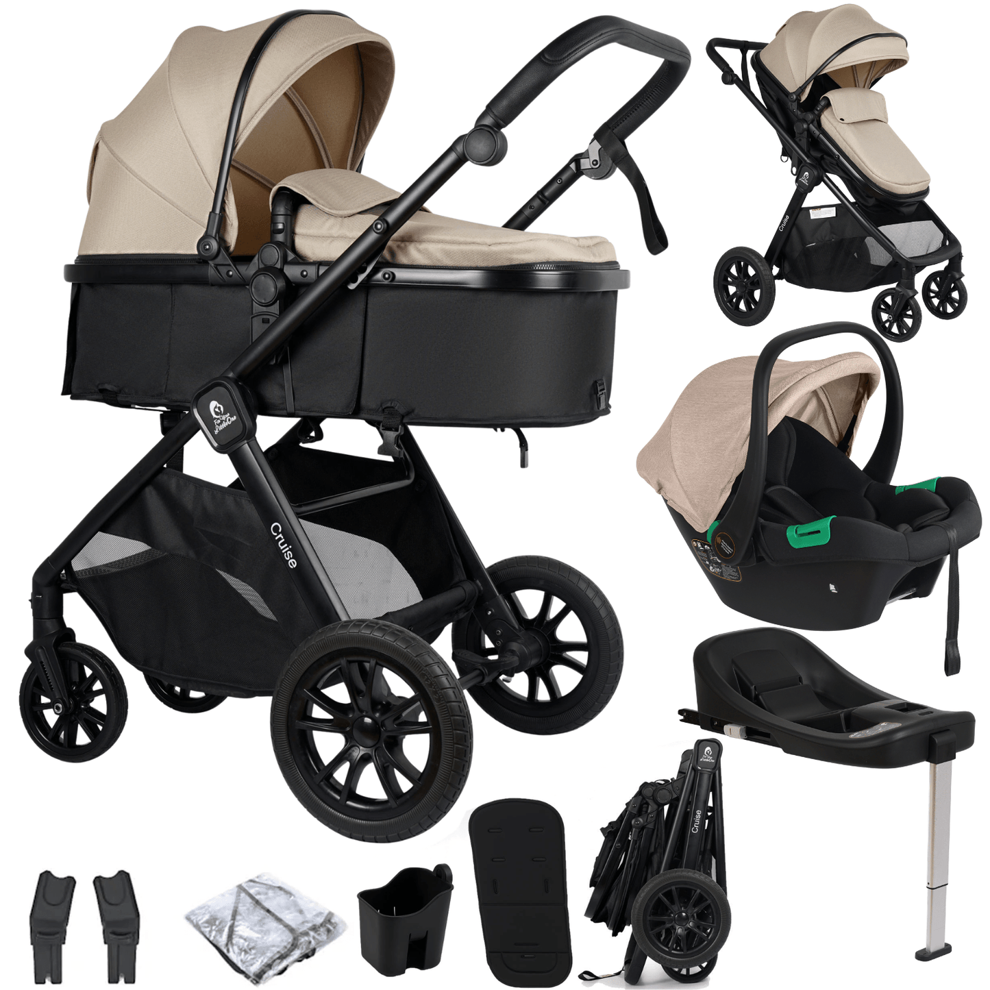 For Your Little One Cruise 3 In 1 Travel System With Car Seat And ISOFIX Base - Dune Beige (Free Cupholder And Seat Liner Included!)