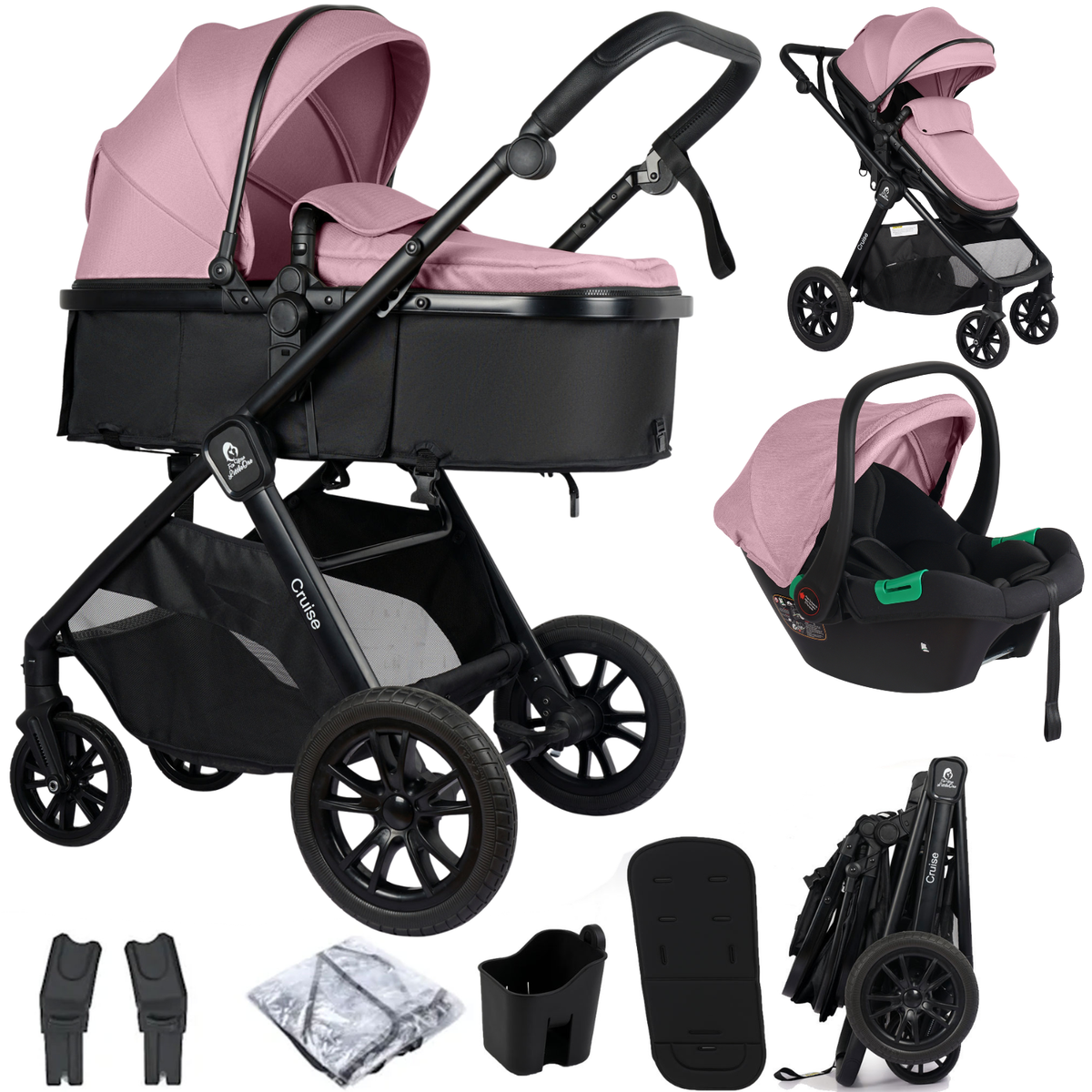 For Your Little One Cruise 3 In 1 Travel System With Car Seat - Blush Rose (Free Cupholder And Seat Liner Included!)