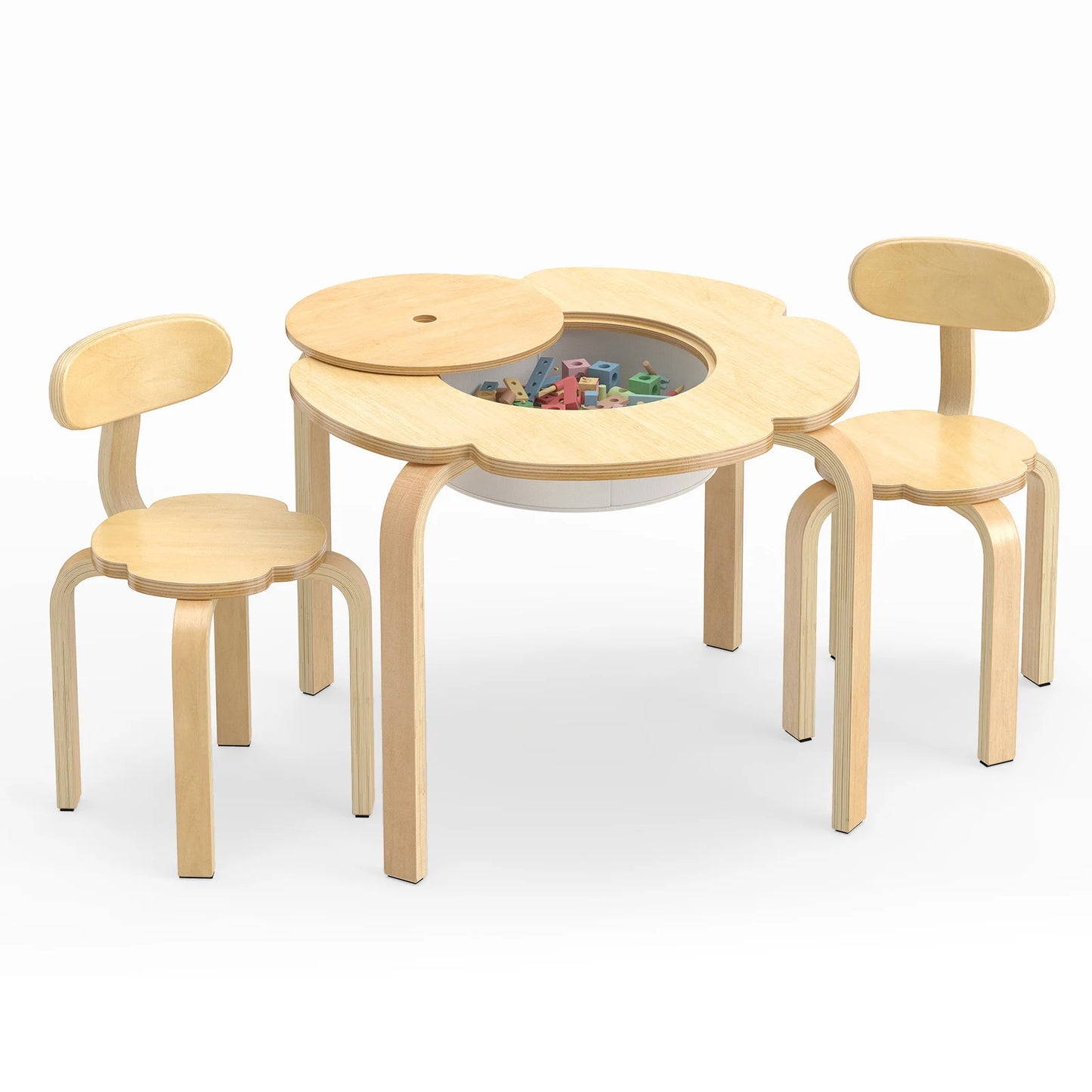Cute Flower-Shaped Kids Table and 2 Chairs Set with Fabric Storage Bin-Natural