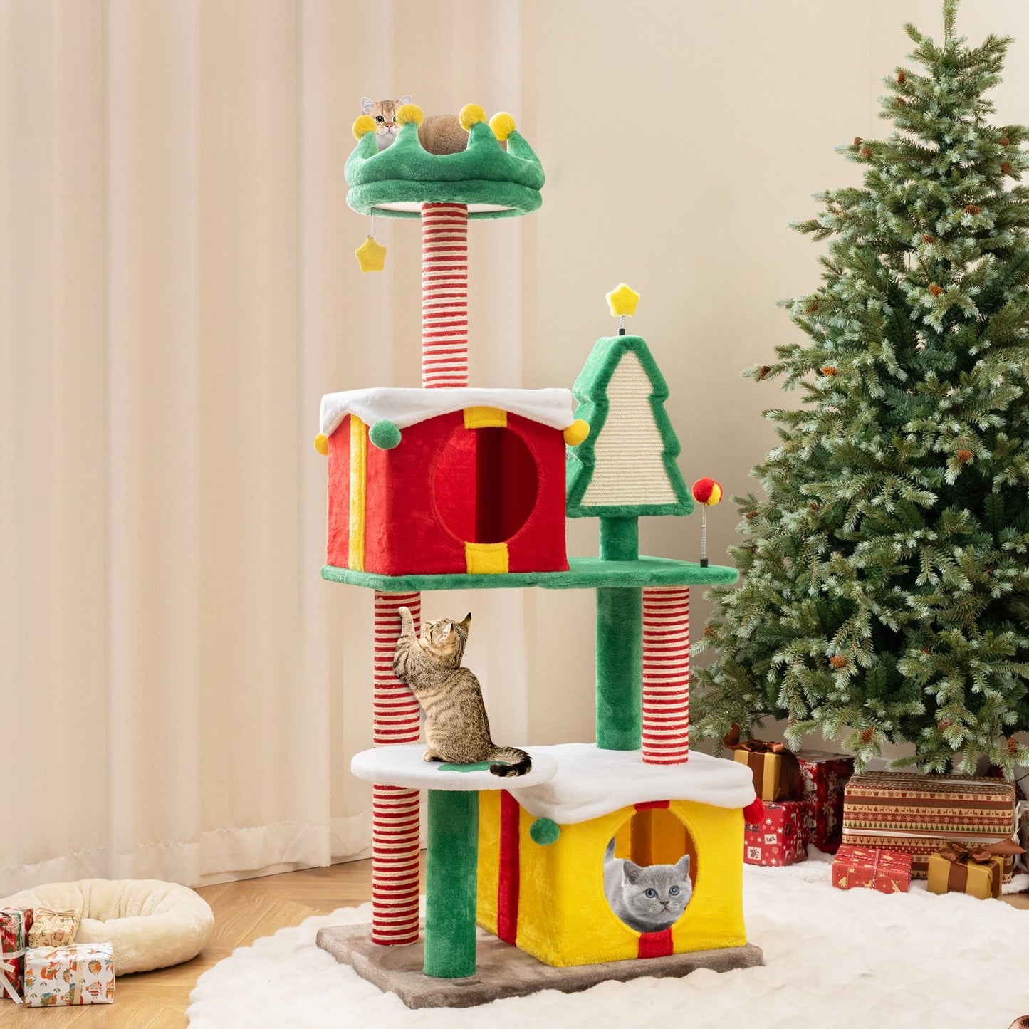 Cute Christmas Cat Tree Large Cat Tower with Sisal Scratching Posts and Carpe-Multicolor