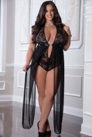 1Pc Zipper Crotch Teddy Gown   - GWD2098PQ - [GWD2098PQ-BLK-QS]
