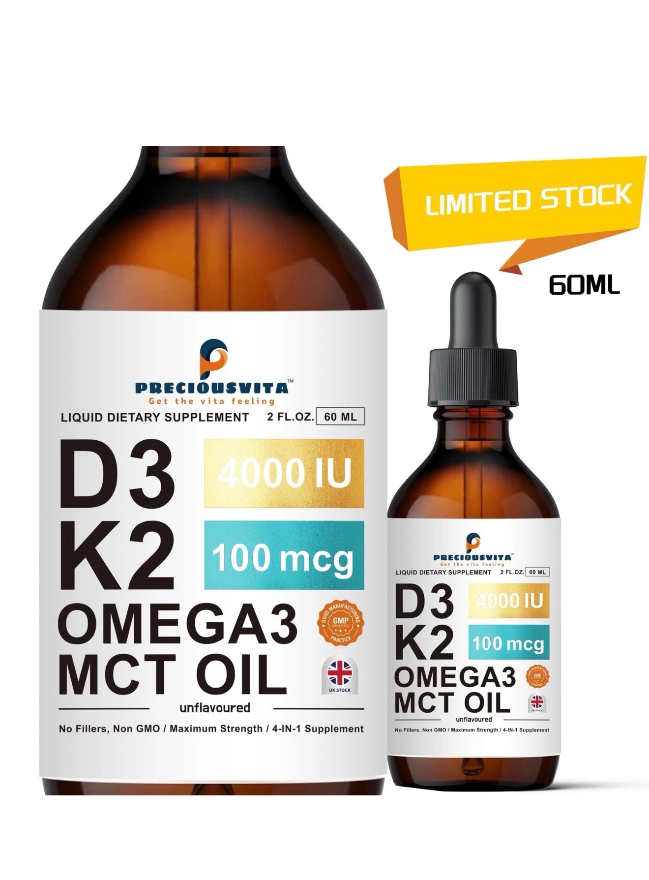 Preciousvita Vitamin D3K2 Liquid Drops,Vitamin D3 4000iu & Vitamin K2 100MCG,Unflavoured,60ml