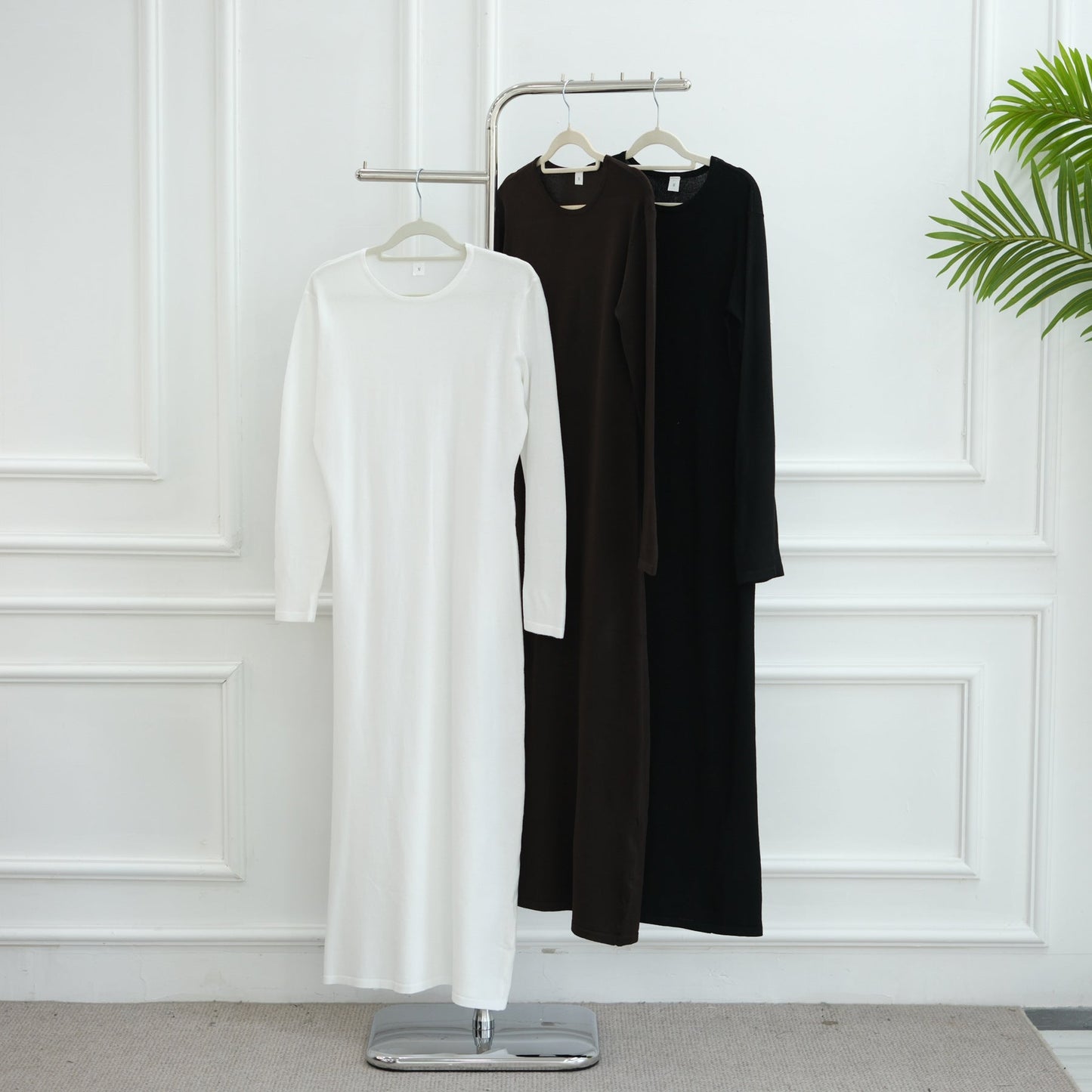 Elegant Hollow-Out Knit Dress - Modest A-Line Long Sleeve