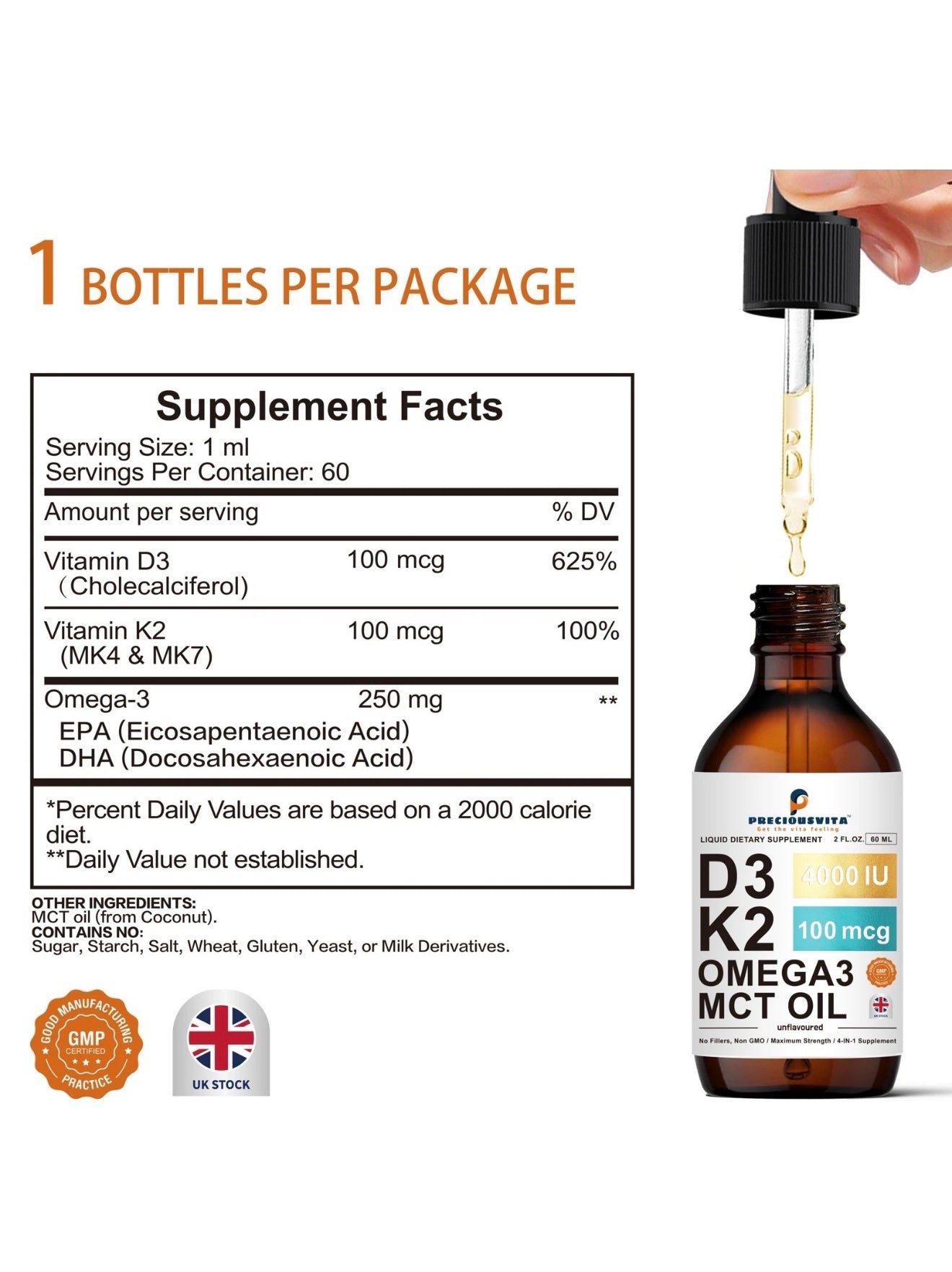Preciousvita Vitamin D3K2 Liquid Drops,Vitamin D3 4000iu & Vitamin K2 100MCG,Unflavoured,60ml