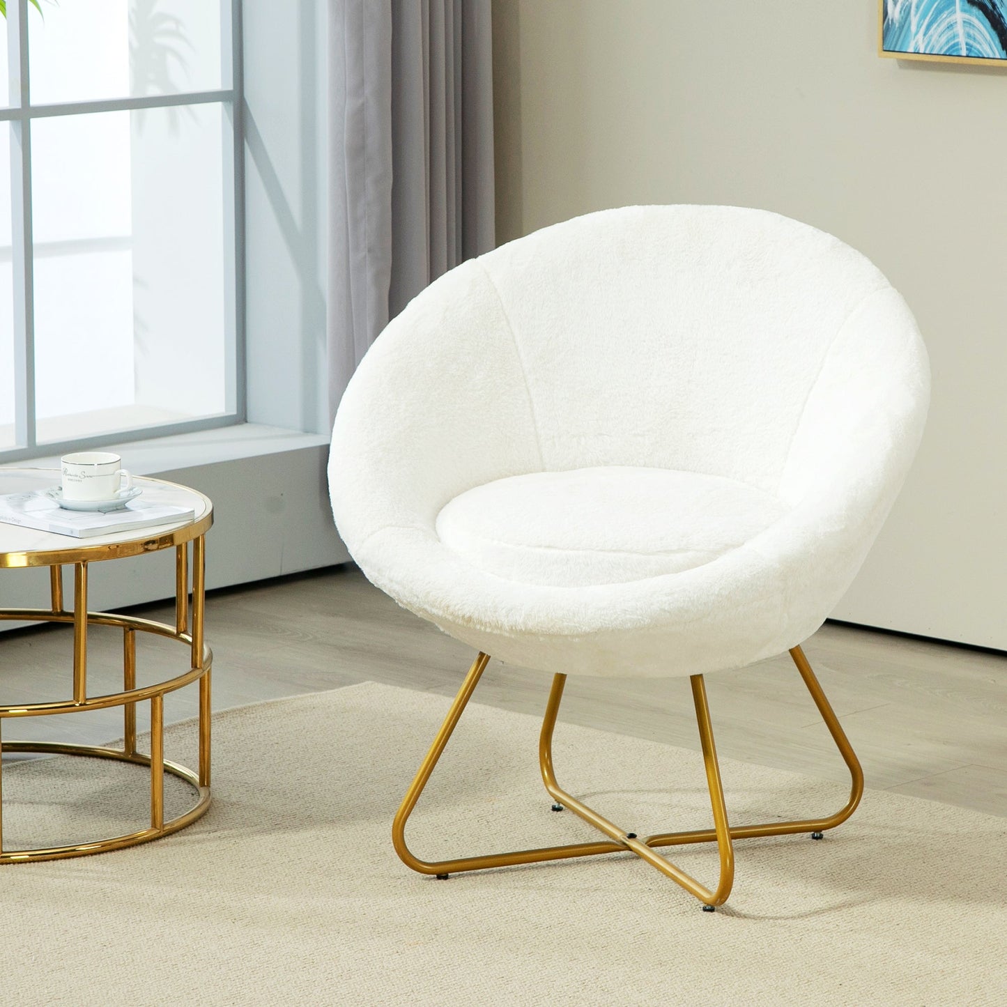 HOMCOM Faux Fur Comfy Chair with Golden Metal Legs, Non-Slip Footpad, White