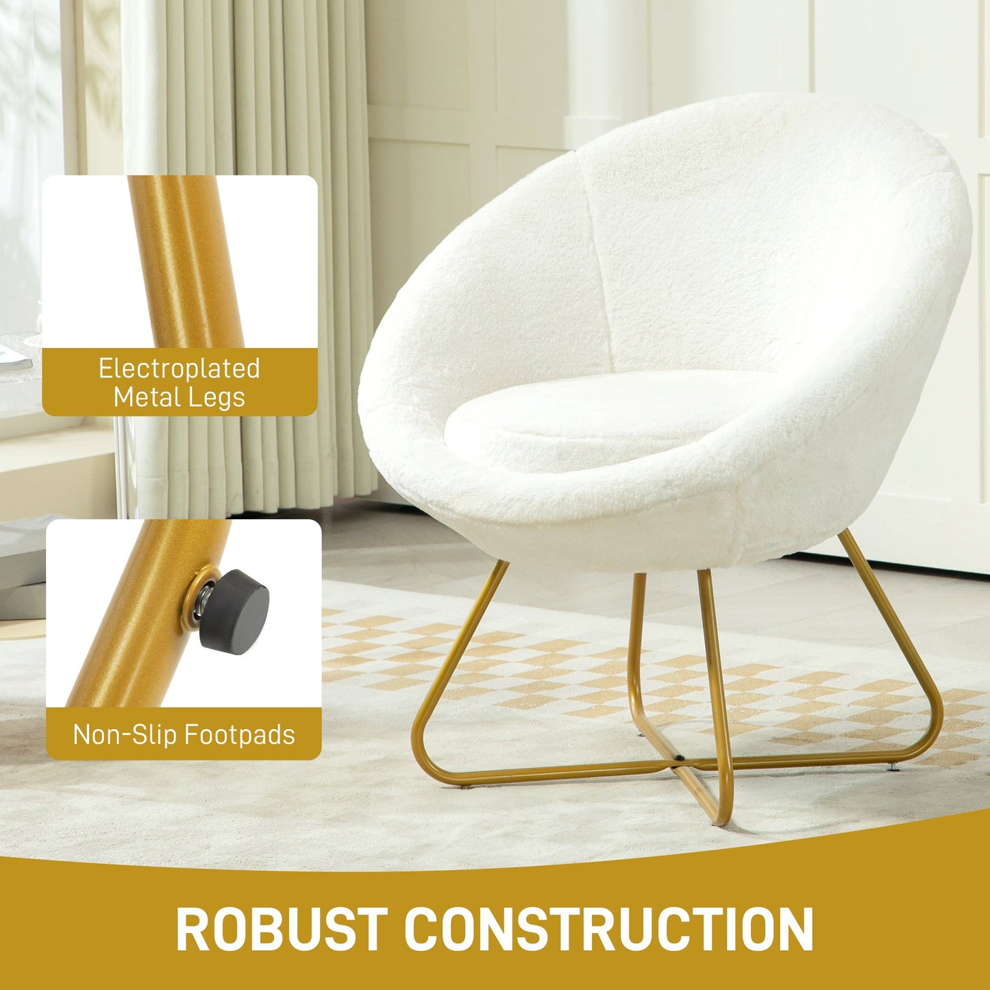 HOMCOM Faux Fur Comfy Chair with Golden Metal Legs, Non-Slip Footpad, White