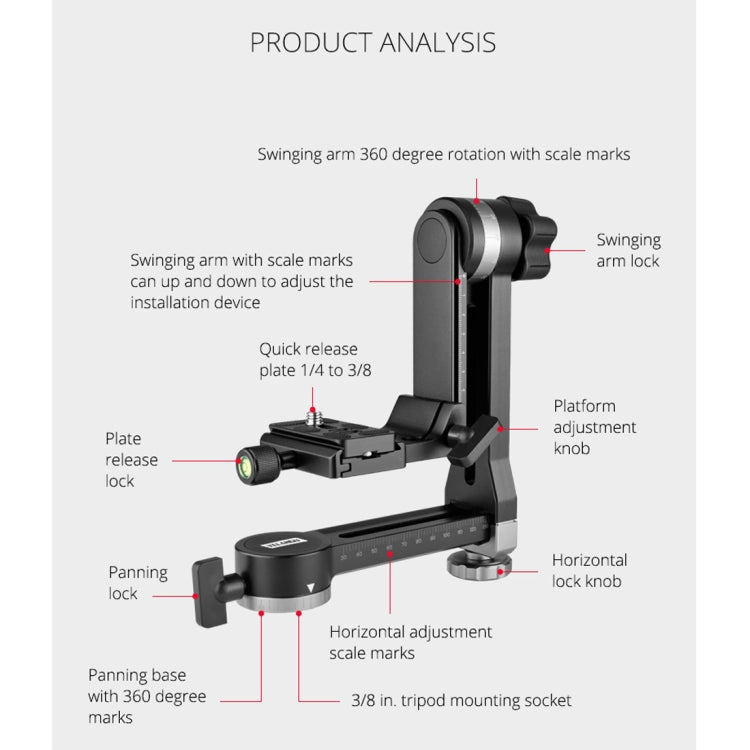 YELANGU A171 YLG0401E-C 360 Degree Rotation Horizontal Cantilever Gimbal Tripod Head for Home DV and SLR Cameras, YELANGU A171