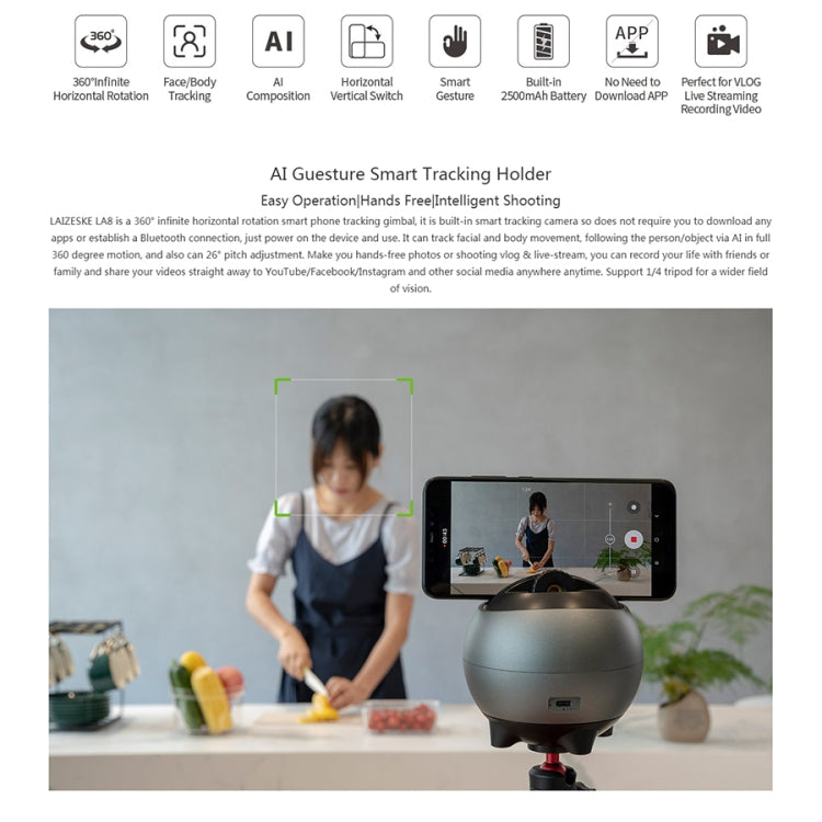 LAIZESKE LA8 Smart Robot Cameraman 360 Degree Auto Tracking Phone Holder, LA8