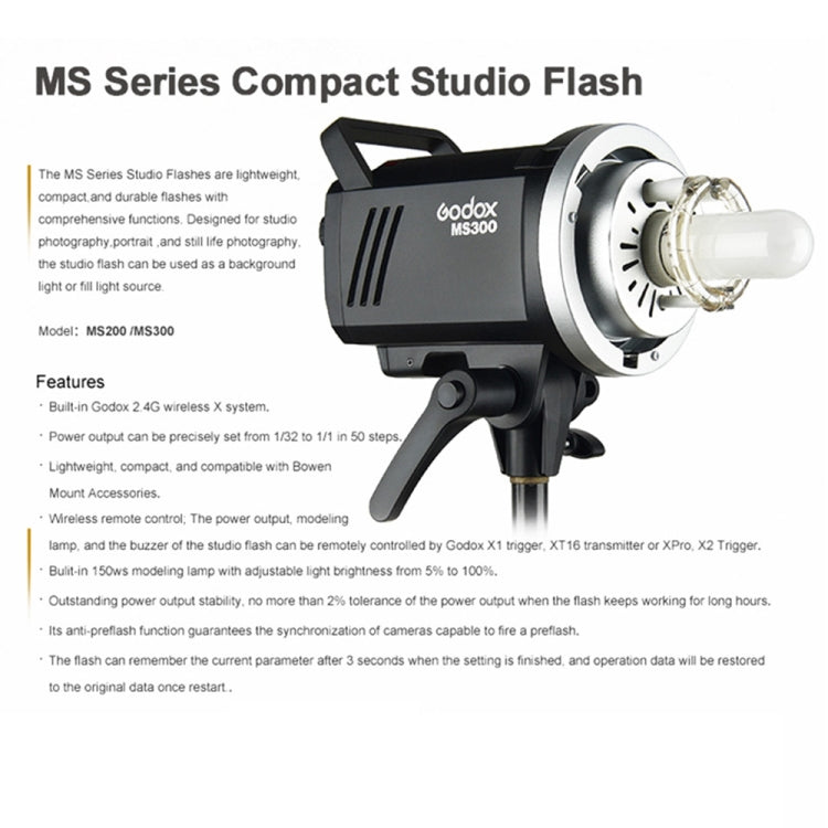 Godox MS300 Studio Flash Light 300Ws Bowens Mount Studio Speedlight (US Plug)