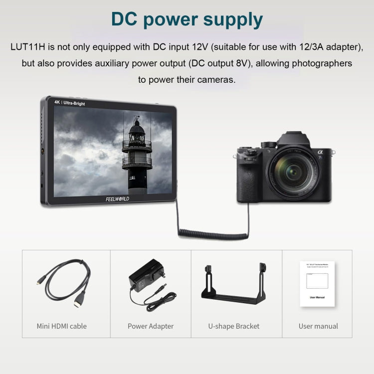 FEELWORLD LUT11H 10.1 Inch Ultra Bright 2000nit DSLR Camera Field Monitor Touch Screen 4K HDMI F970 External Power and Install Kit (US Plug)