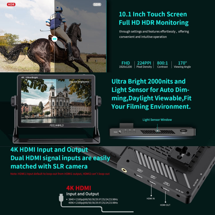 FEELWORLD LUT11H 10.1 Inch Ultra Bright 2000nit DSLR Camera Field Monitor Touch Screen 4K HDMI F970 External Power and Install Kit (US Plug)