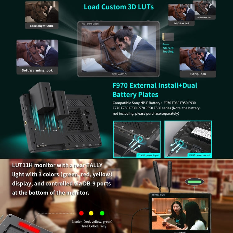 FEELWORLD LUT11H 10.1 Inch Ultra Bright 2000nit DSLR Camera Field Monitor Touch Screen 4K HDMI F970 External Power and Install Kit (EU Plug)