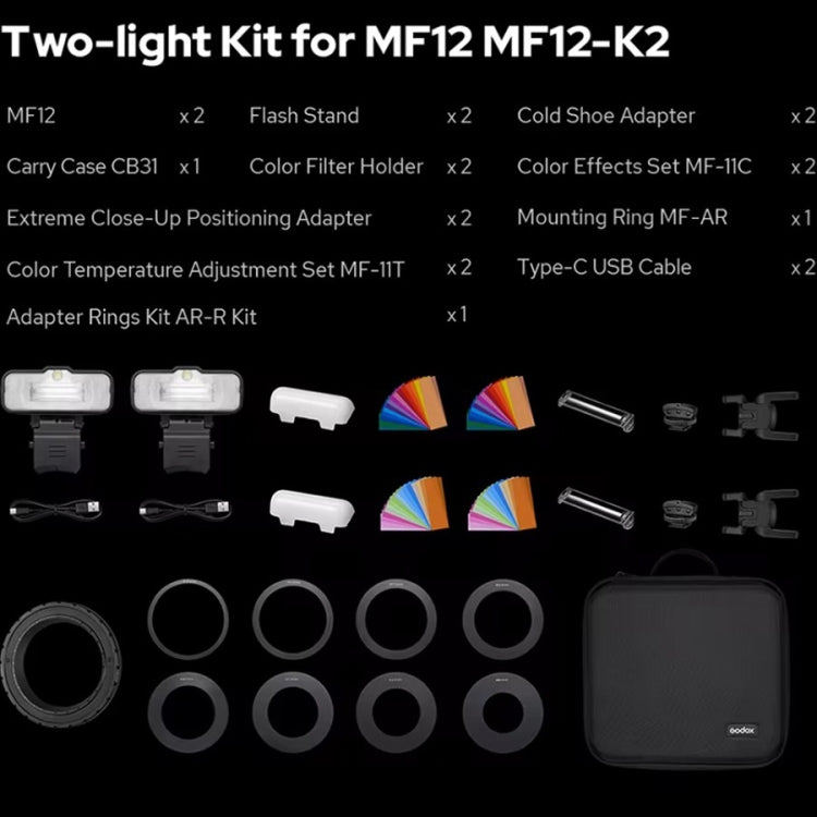 Godox MF12-K2 Macro Flash 2-Light Kit 2.4 GHz Wireless Control Light (Black)