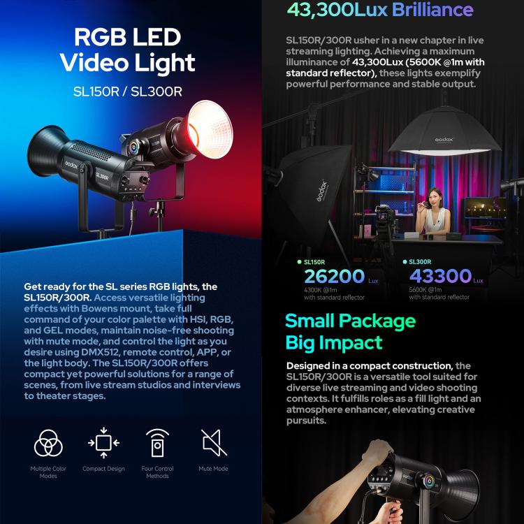Godox SL300R RGB LED Video Light 310W CRI/TLCI 97+ COB Monolight Bowens Mount Studio Photo Light (EU Plug)