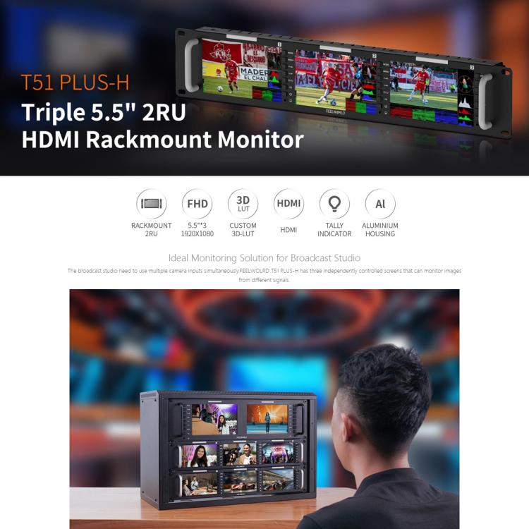 FEELWORLD T51 PLUS-H Triple 5.5 inch 2RU Rackmount Monitor Full HD 4K HDMI SDI AV Monitor (US Plug)